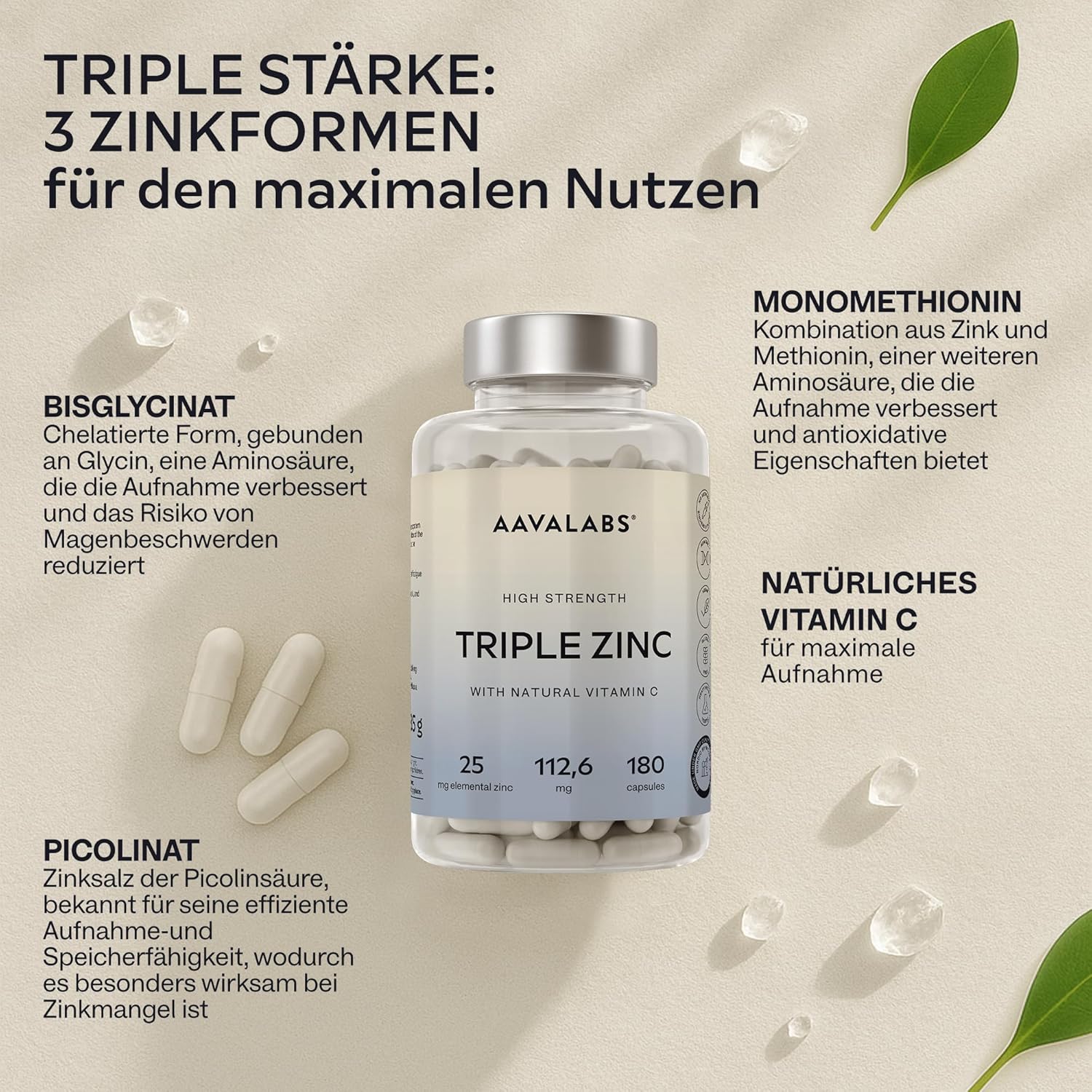 Magnesium Komplex mit B6 & Zink – AAVALABS® - Premium Zinc Tablets - 25mg - Comprehensive Mix - 3 x Types of Zinc - Zinc Bisglycinate (Zinc Chelate), Zinc Picolinate and Zinc Monomethionine - 180 Tablets - Laboratory Tested and Vegan – Bild 5