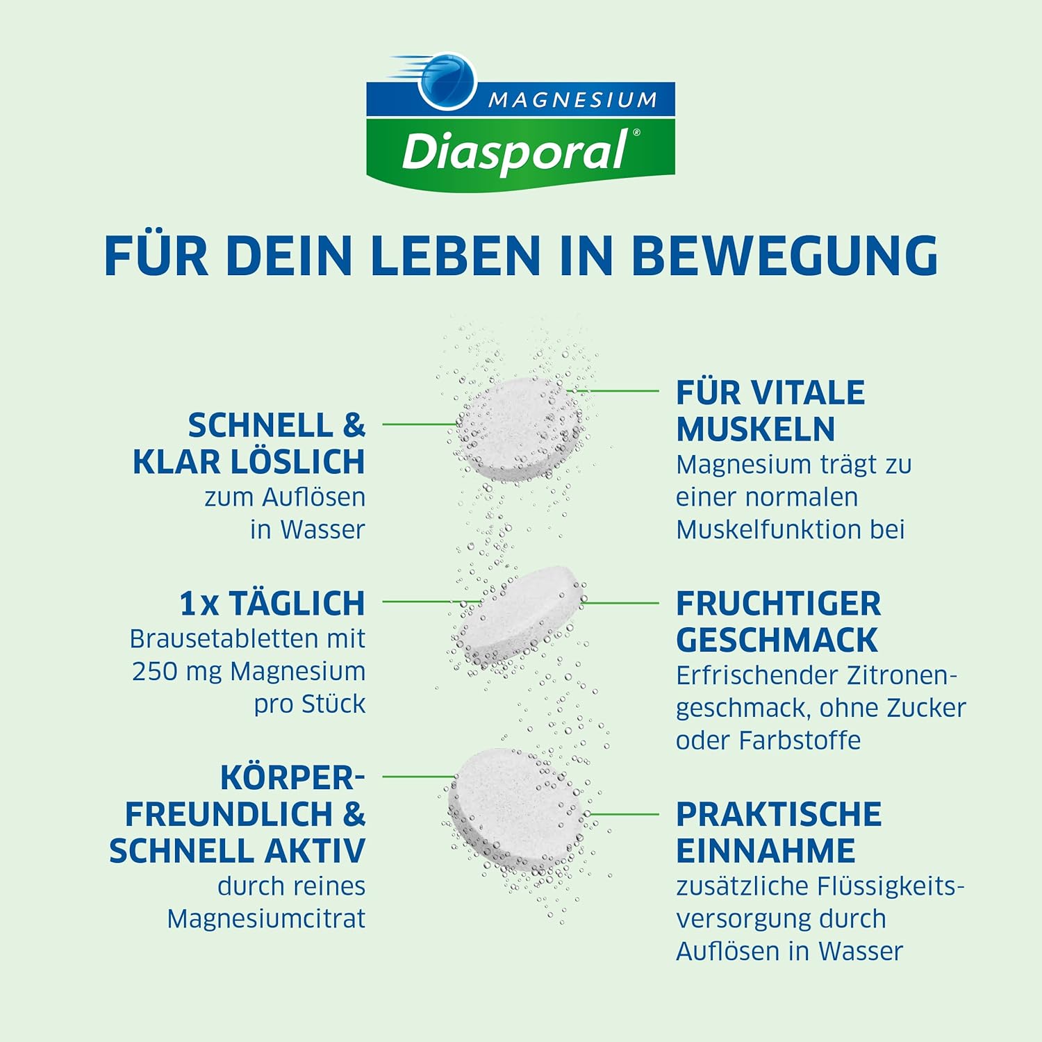 Magnesium 250 mg – Magnesium Diasporal 250 aktiv Brausetabletten, 20 pcs – Bild 2
