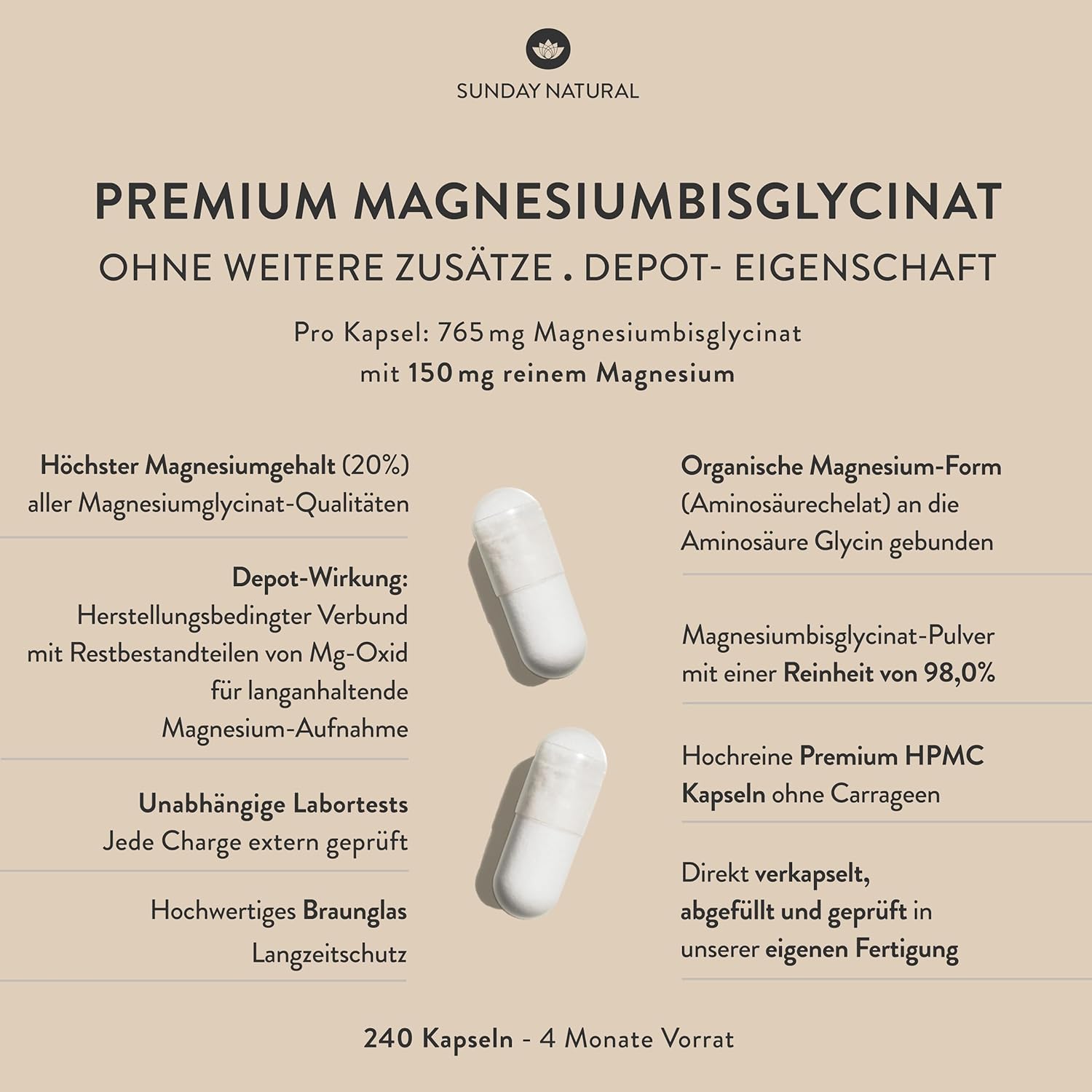 Schlaf-Magnesium mit Melatonin – Natürlich einschlafen & durchschlafen – SUNDAY NATURAL Magnesium Bisglycinate - 240 Capsules - 300 mg Pure Magnesium per Daily Dose, High Dose - Depot Magnesium Glycinate as Organic Amino Acid Chelate - Laboratory Tested, Vegan – Bild 2