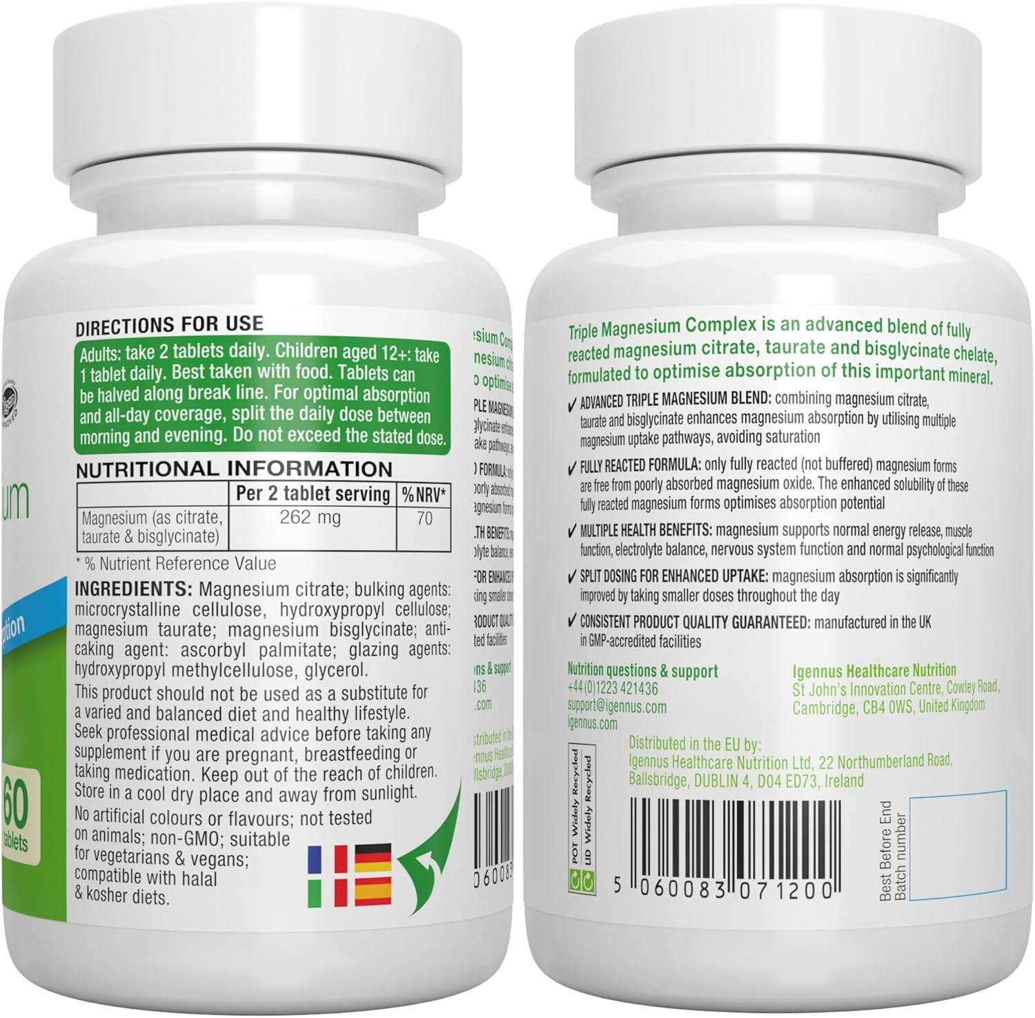 Magnesium Komplex mit B6 & Zink – Igennus Advanced Triple Magnesium Complex, Fully Reacted & Chelated Glycinate, Taurate & Citrate, Clean Label, High Bioavailability & Absorption, 60 Tablets, Vegan – Bild 7