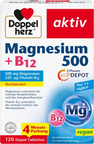 Magnesium 600 mg – Doppelherz Magnesium 500 + B12 2-Phase - High Dose with 500 mg Magnesium per Depot Tablet - Vegan - 120 Tablets