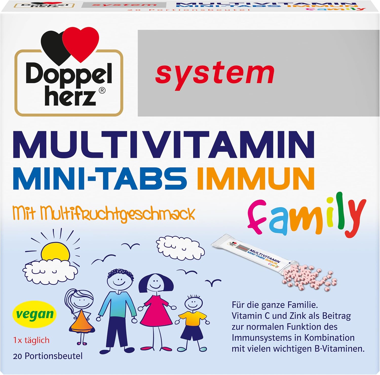 Magnesium Komplex mit B6 & Zink – Doppelherz System Multivitamin Mini Tabs Family - Nutrients for the Whole Family - Vitamin C and Zinc for the Immune System - 20 Portion Bags