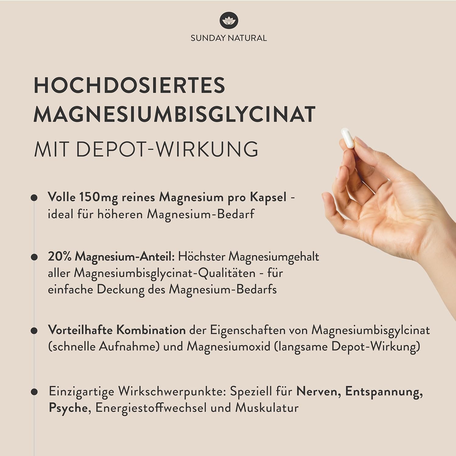 Schlaf-Magnesium mit Melatonin – Natürlich einschlafen & durchschlafen – SUNDAY NATURAL Magnesium Bisglycinate - 240 Capsules - 300 mg Pure Magnesium per Daily Dose, High Dose - Depot Magnesium Glycinate as Organic Amino Acid Chelate - Laboratory Tested, Vegan – Bild 4