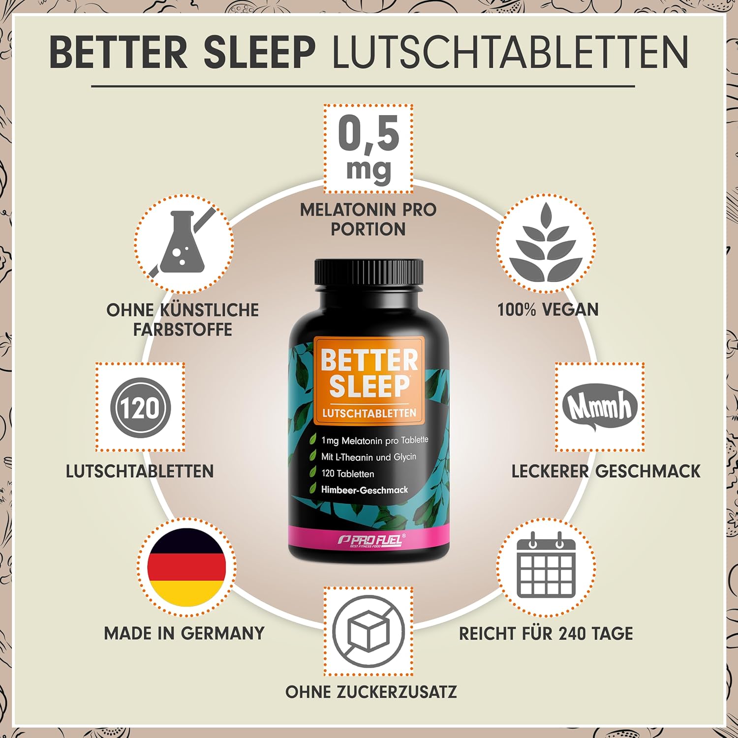 Schlaf-Magnesium mit Melatonin – Natürlich einschlafen & durchschlafen – Melatonin Lozenges, 120 x Delicious Raspberry Flavour, Optimal High Dose, with Bioactive Melatonin, L-Theanine, Glycine and Vitamin B6, Sugar-Free, 100% Vegan, Supply for 8 Months – Bild 2