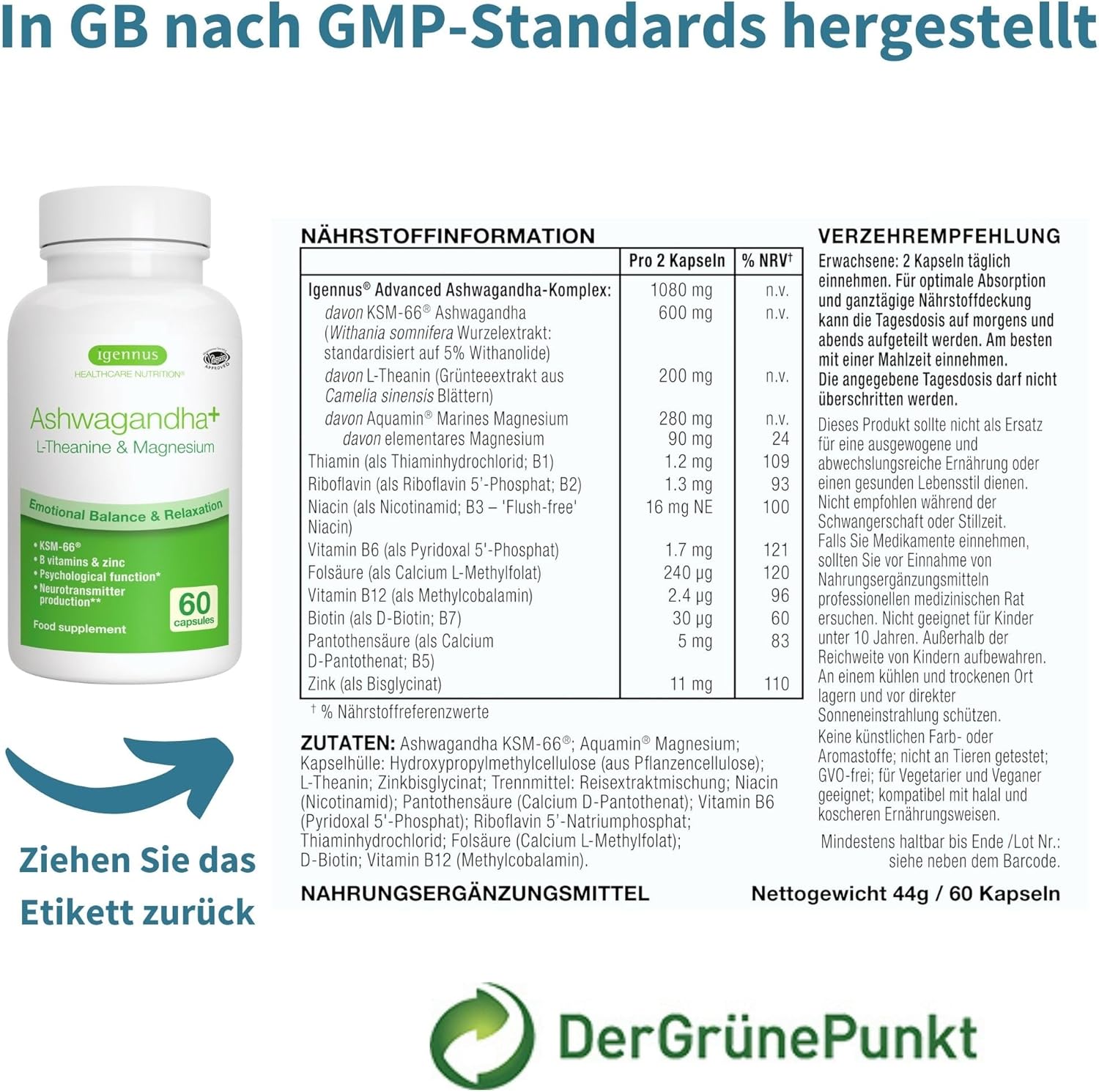Magnesium Komplex mit B6 & Zink – Igennus High Dose Ashwagandha Anti-Stress Complex, L-Theanine & Magnesium & KSM-66 Root Extract Adaptogens, Methylated B Vitamins, for Relaxation & Sleep, Clean Label, 60 Vegan Capsules – Bild 6