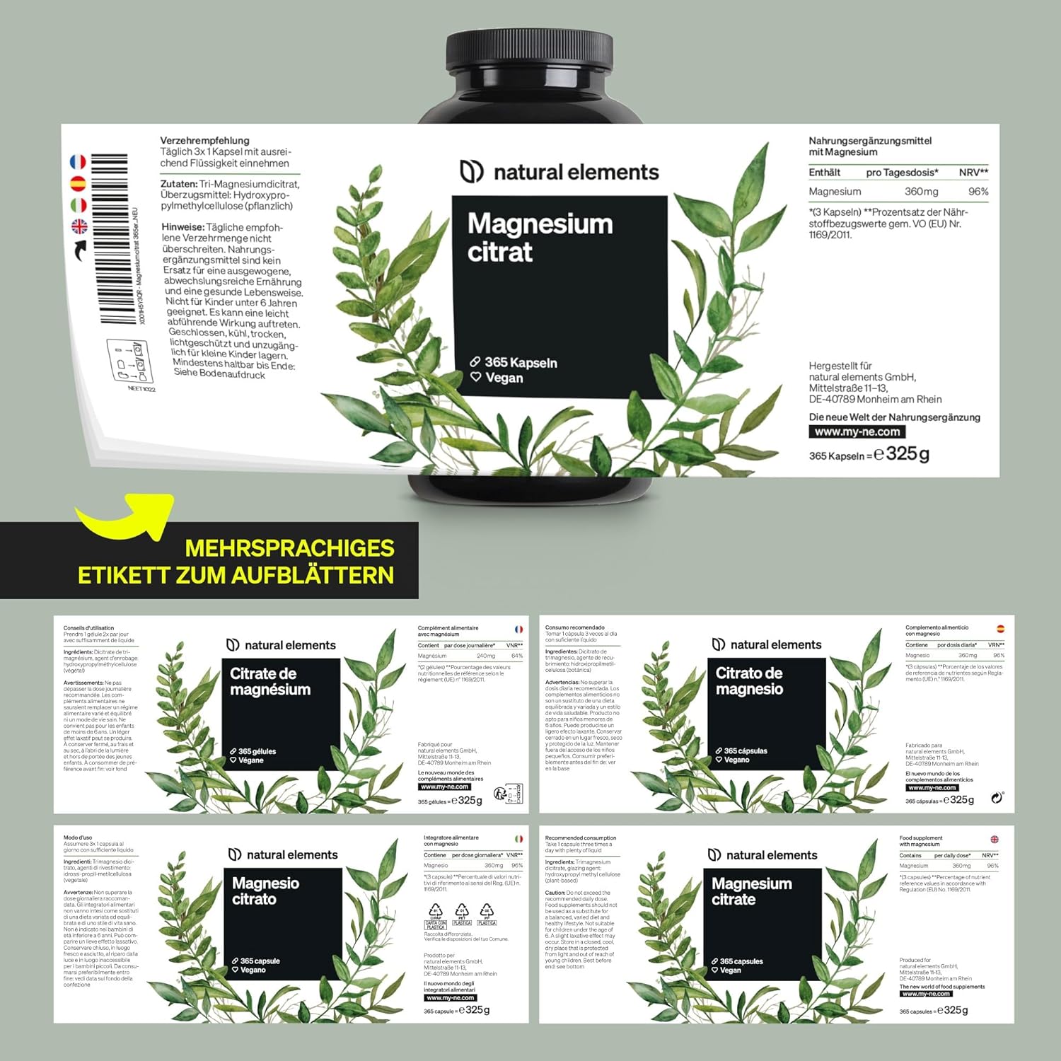 Magnesium 250 mg – Premium magnesium Citrat - 2250 mg of 360 mg of elemental magnesium per day dose - 365 capsules - Laborgeprüft and without additives such as magnesium stearate - Hochdosiert, vegan and made in Germany – Bild 6