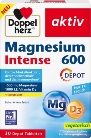 Magnesium 600 mg – Doppelherz Magnesium 600 Intense Depot - 600 mg High Dose Magnesium + 1000 IU Vitamin D per Tablet - 30 Depot Tablets