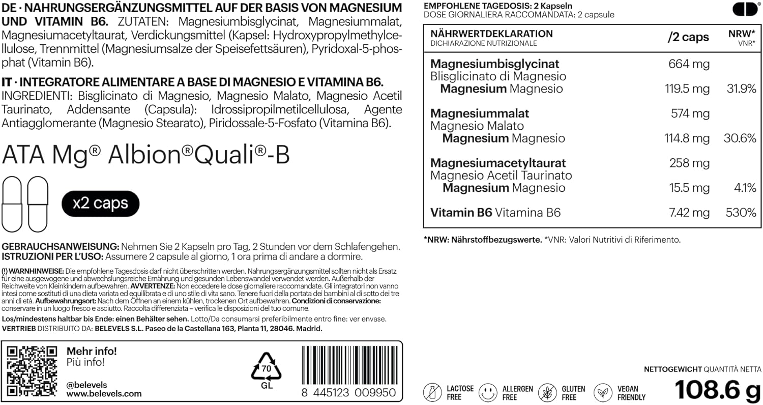 Magnesium Komplex mit B6 & Zink – Magnesium Complex High Dose Magnesium Bisglycinate + Malate + ATA Mg + Vitamin B6 - 120 Capsules for Muscles + Concentration + Energy + Sleep - Vegan - Gluten Free - No Lactose | Be Levels – Bild 8