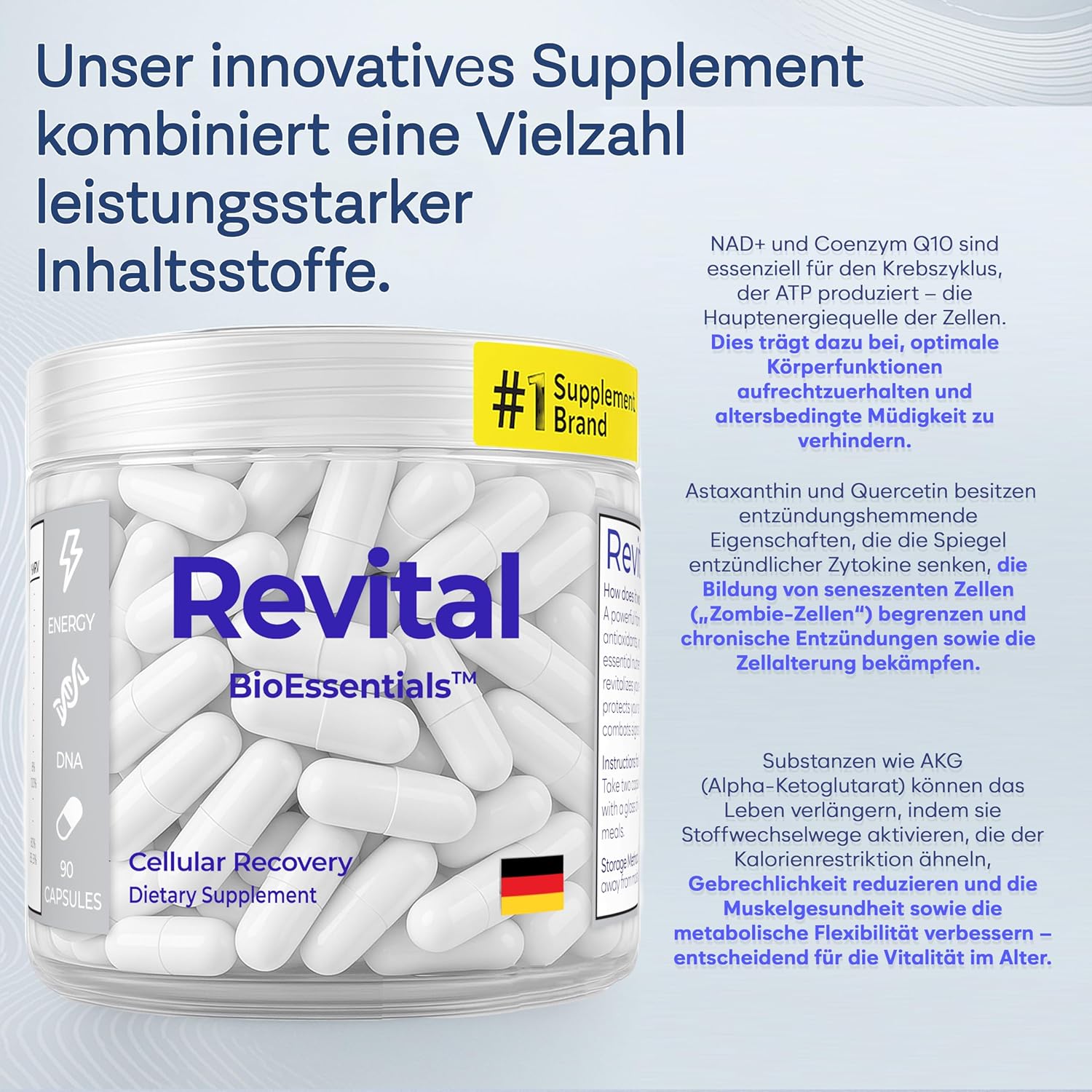 Magnesium 600 mg – Revital Resveratrol & NAD+ Nicotinamida Adenina Dinucleótido - Anti-Ageing Cell Supplement - 600 mg per Capsule - Resveratrol, NAD+, Shilajit, Vitamins and Magnesium - 90 Capsules - Cell Repair – Bild 5