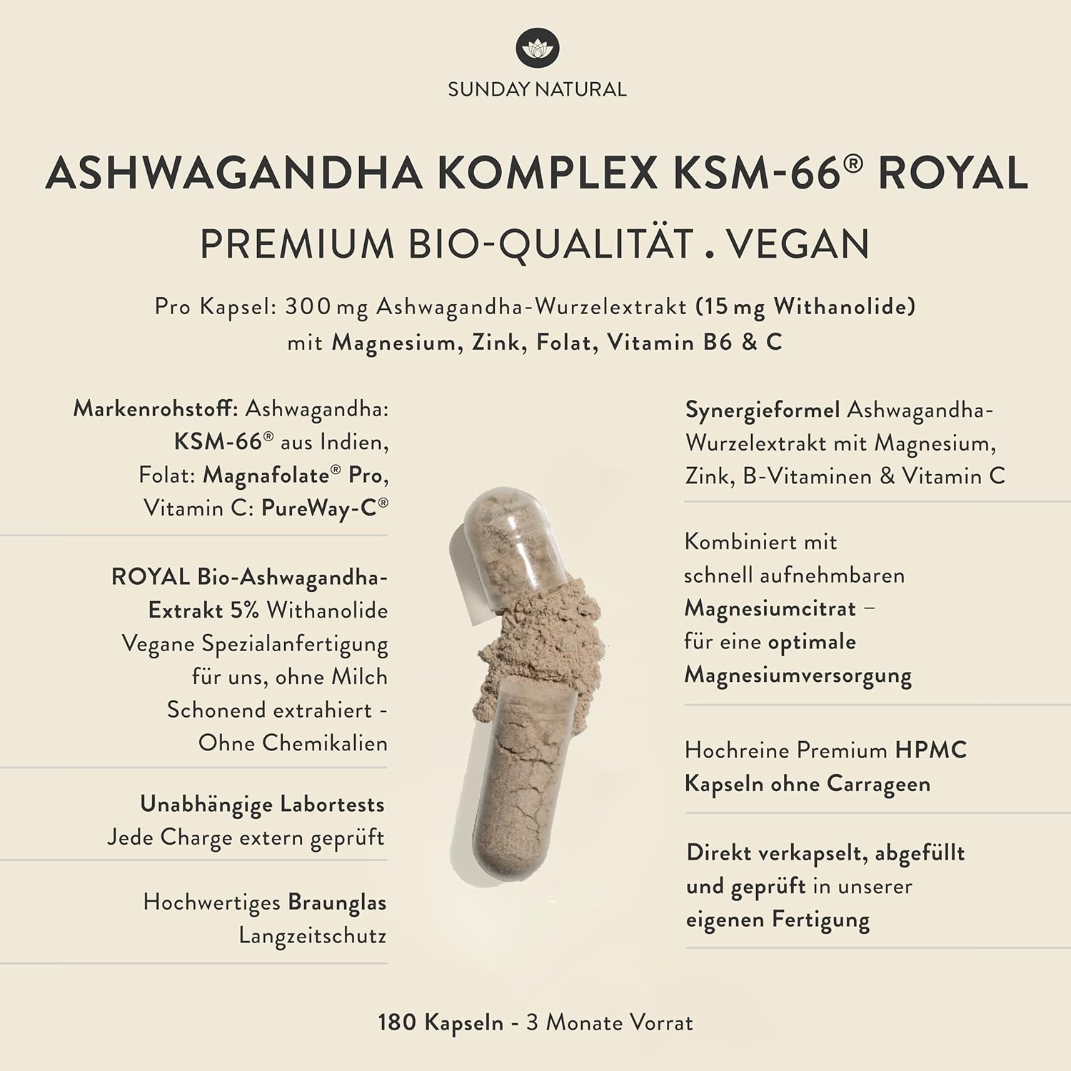 Magnesium 600 mg – SUNDAY NATURAL Ashwagandha Complex KSM-66 Premium Raw Material - 600 mg Organic Ashwagandha Capsules High Dose per Daily Dose - 180 Capsules with Magnesium, Zinc & Vitamin B6 - Laboratory Tested – Bild 2