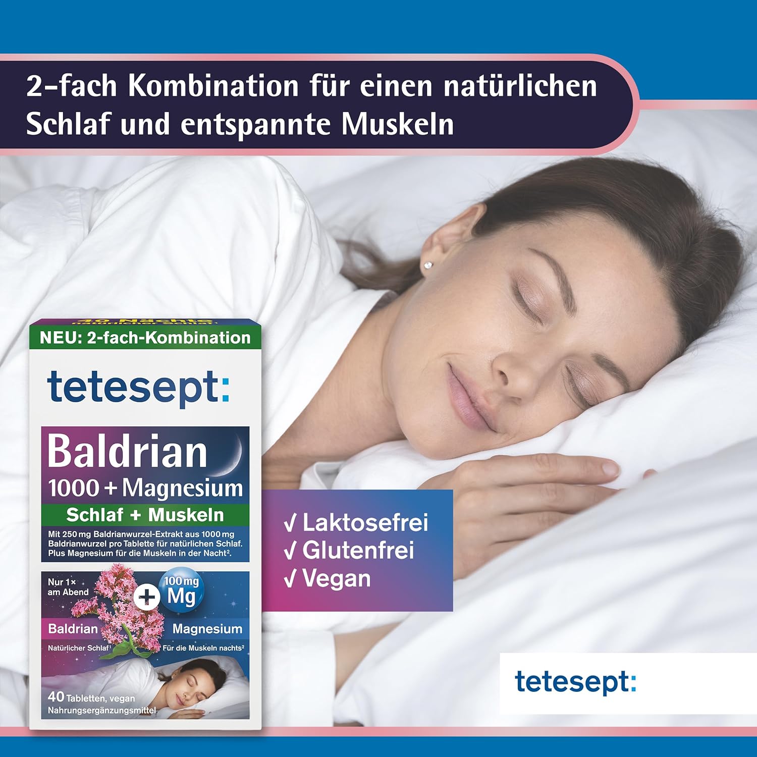 Schlaf-Magnesium mit Melatonin – Natürlich einschlafen & durchschlafen – tetesept Valerian 1000+ Magnesium - 1 × 40 Tablets - Dietary Supplement Supports Natural Sleep and Relaxed Muscles - Vegan – Bild 5