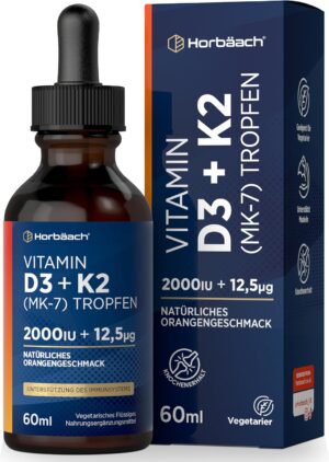 Magnesium Komplex mit B6 & Zink โ Horbaach Vitamin D3 K2 Drops 60 ml High Dose with 2000 IU D3 + 12.5 ยตg K2 MK7 All-Trans Liquid Drops Bone Health and Immune Support
