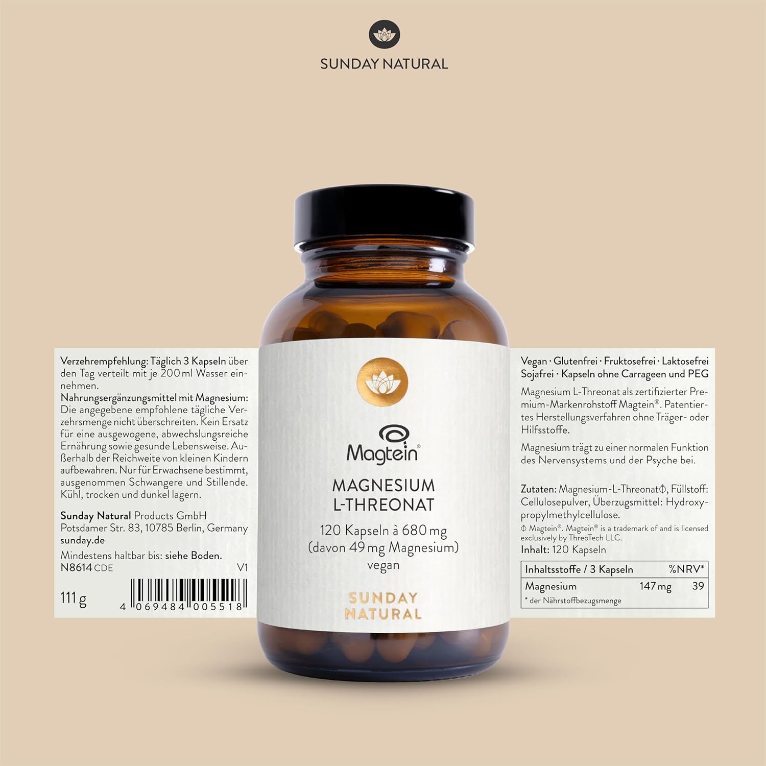 Magnesium Komplex mit B6 & Zink – SUNDAY NATURAL Magnesium Threonate – Brand Raw Material Magtein – 120 Capsules L-Threonate – 2,040 mg Magnesium L-Threonate per Daily Dose – for Supplying the Nervous System & Brain – Laboratory – Bild 6