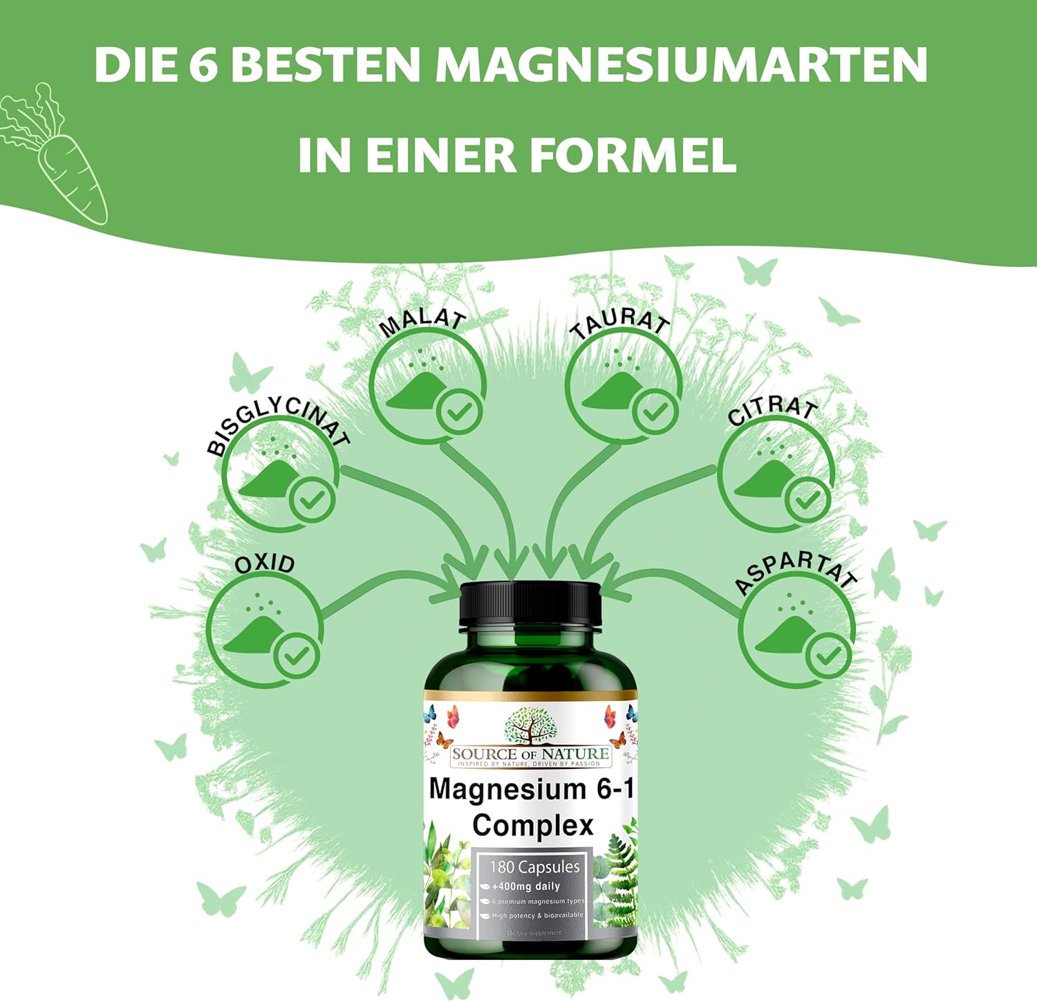 Magnesium 400 mg – Magnesium Complex 6-1 1500 mg Daily | 400 mg Elemental Magnesium | Oxide, Bisglycinate, Malate, Taurate, Citrate & Aspartate | 180 Vegan Capsules | High Dose & High Bioavailability – Bild 4