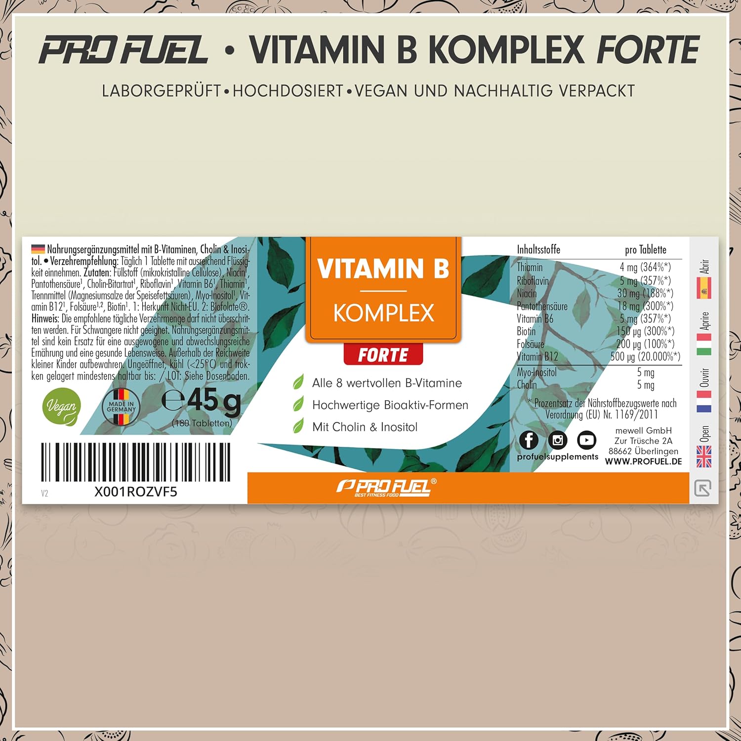 Magnesium Komplex mit B6 & Zink – Vitamin B Complex High Dose - 180 Tablets - All 8 B Vitamins (B1, B2, B3, B5, B6, B7, B9, B12) with Active Forms such as Quatrefolic®, Co-Factors Choline and Myo-Inositol, Laboratory Tested, Vegan – Bild 6