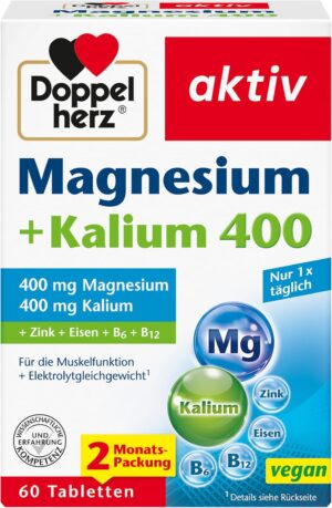 Magnesium 400 mg – Doppelherz Magnesium + Potassium - 400 mg Magnesium and 400 mg Potassium per Daily Serving in One Tablet - Vegan - 60 Tablets