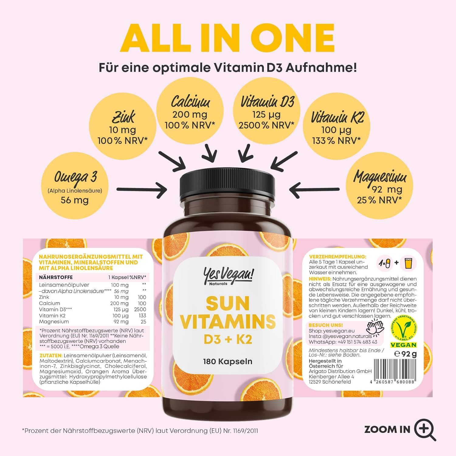 Magnesium Komplex mit B6 & Zink – Vitamin D3 K2 Omega 3 + Calcium Magnesium and Zinc - 180 Capsules 5000 IU - Vitamin D High Dose - O3-D3-K2 (Pack of 1) – Bild 2