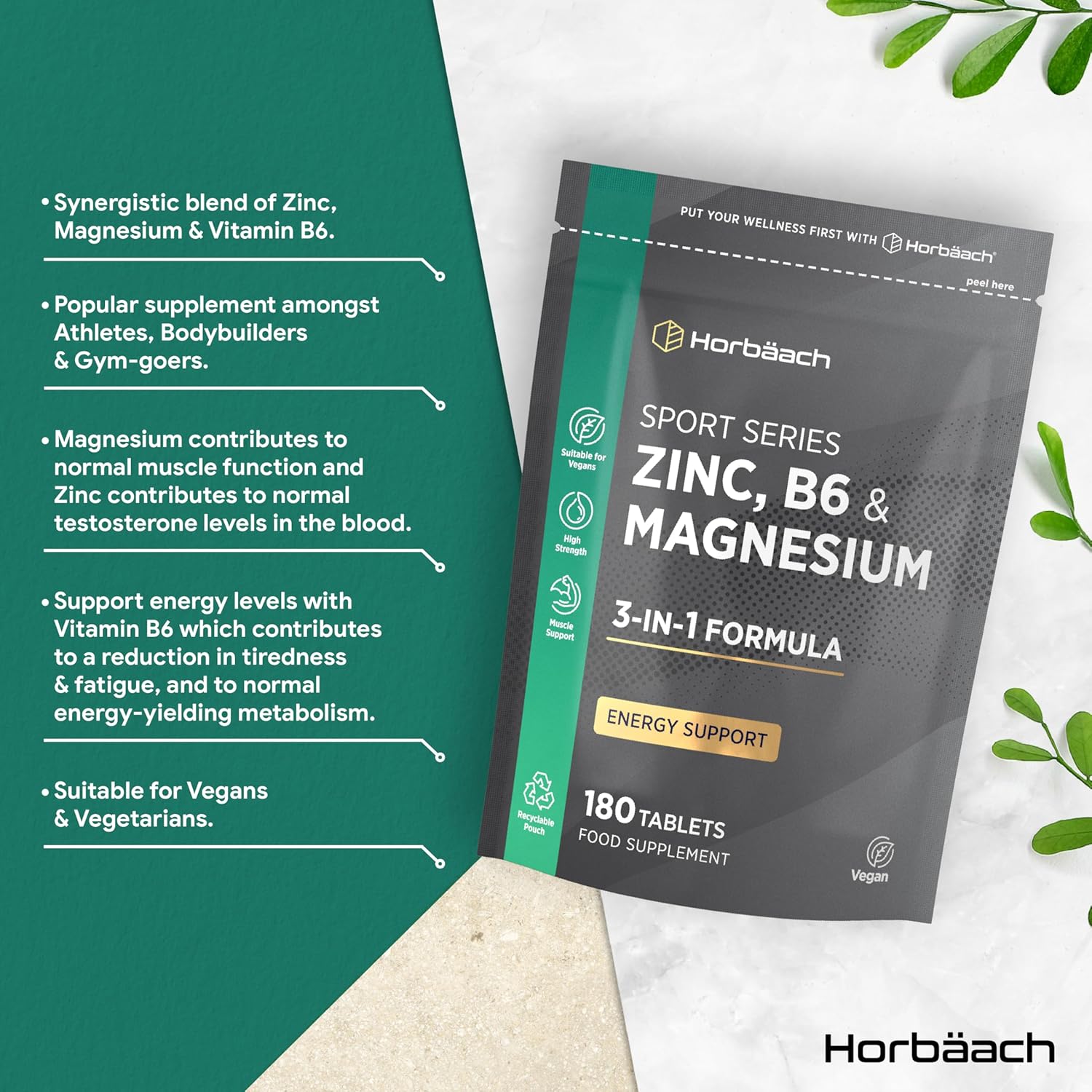 Magnesium Komplex mit B6 & Zink – Horbaach Zinc Magnesium B6 Complex | 6 Months Supply - 180 Vegan Tablets | Premium Formula | – Bild 2