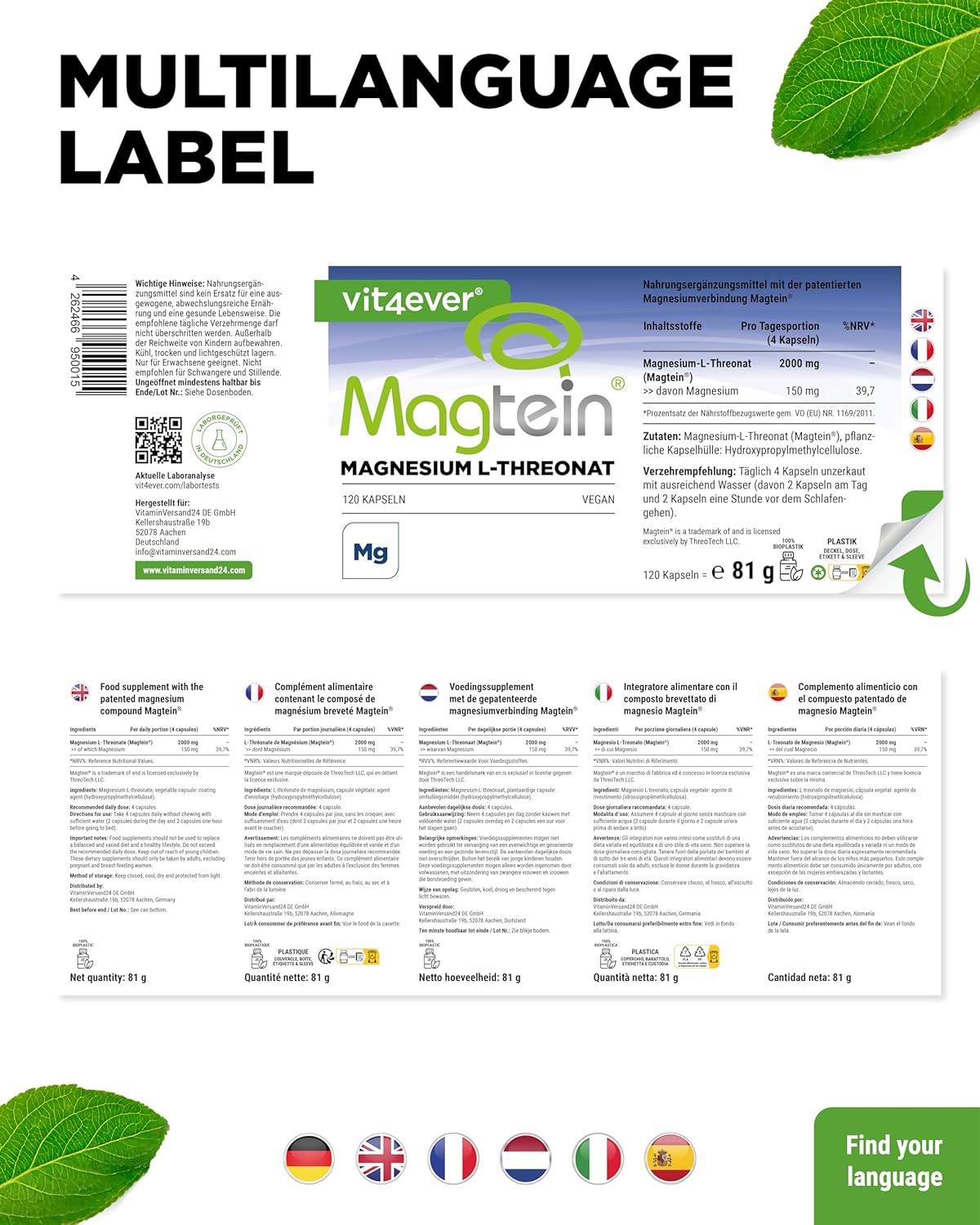 Magnesium Komplex mit B6 & Zink – Magtein Magnesium L-Threonate 120 Capsules - High Dose 2000 mg Pure Magnesium L-Threonate per Day - Vegan – Bild 5