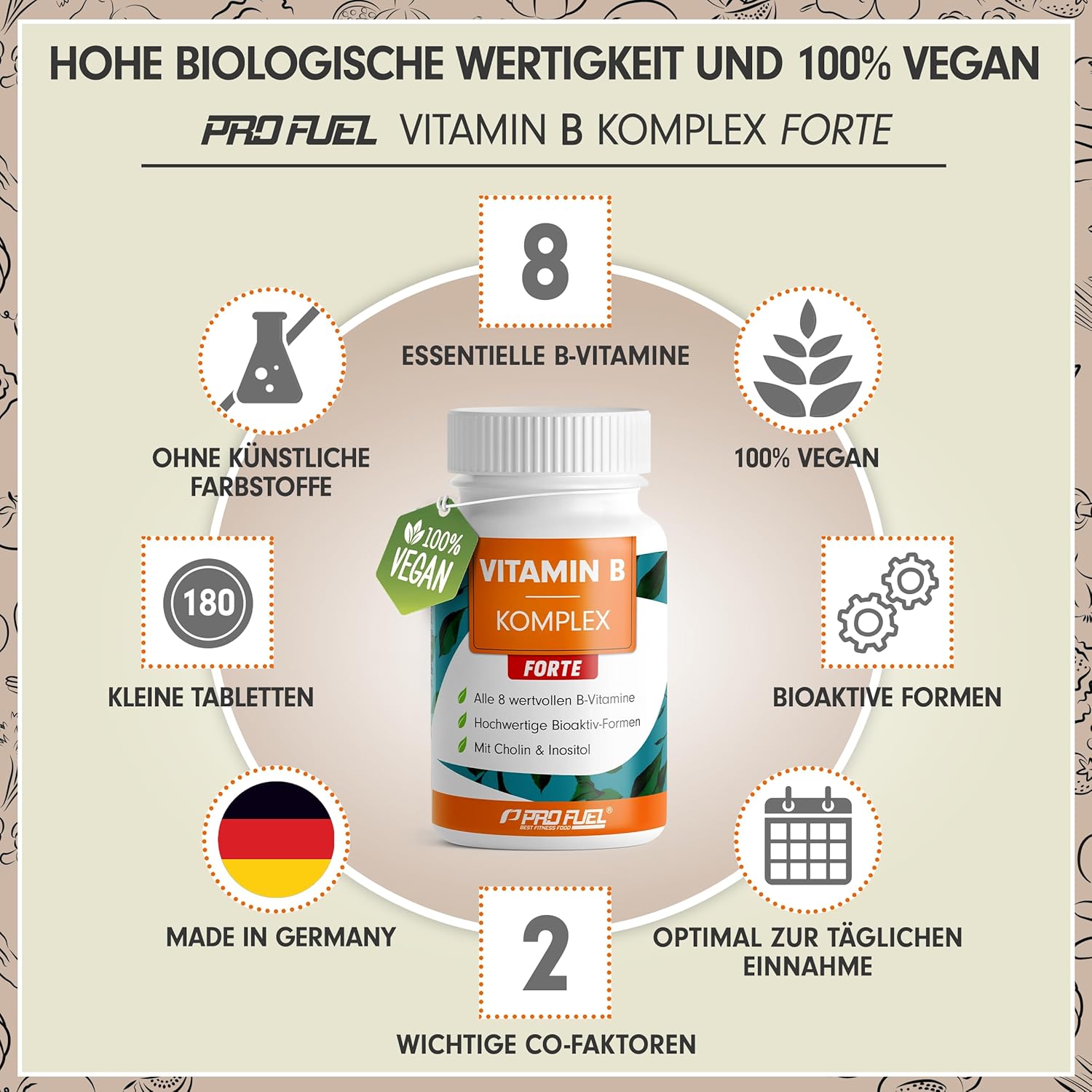 Magnesium Komplex mit B6 & Zink – Vitamin B Complex High Dose - 180 Tablets - All 8 B Vitamins (B1, B2, B3, B5, B6, B7, B9, B12) with Active Forms such as Quatrefolic®, Co-Factors Choline and Myo-Inositol, Laboratory Tested, Vegan – Bild 2