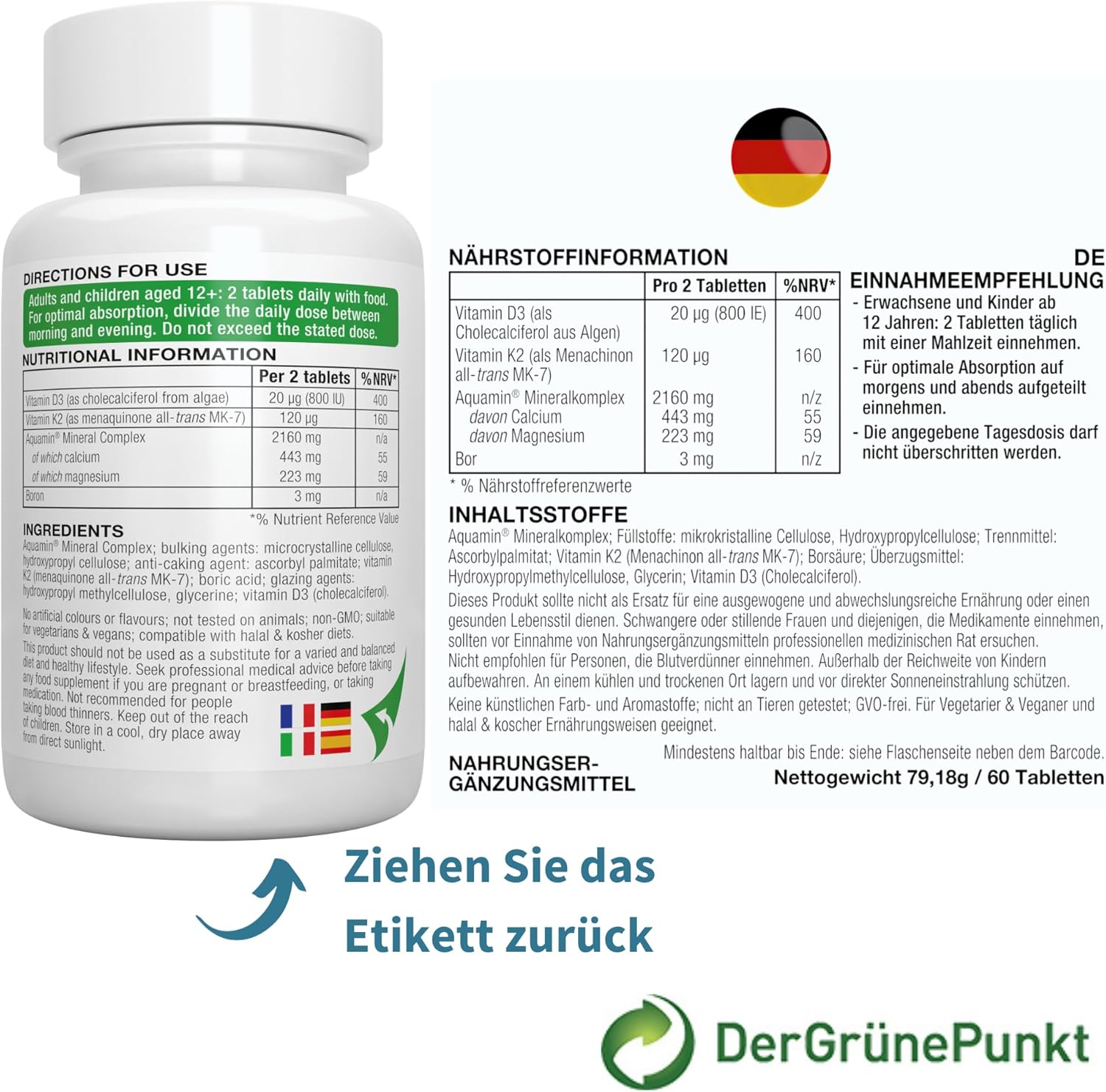 Magnesium Komplex mit B6 & Zink – Igennus Calcium Magnesium Complex with Vitamin D3, K2 and Boron as Co-Factors, High Dose, Algae Mineral Complex, Vegan, 60 Tablets – Bild 6