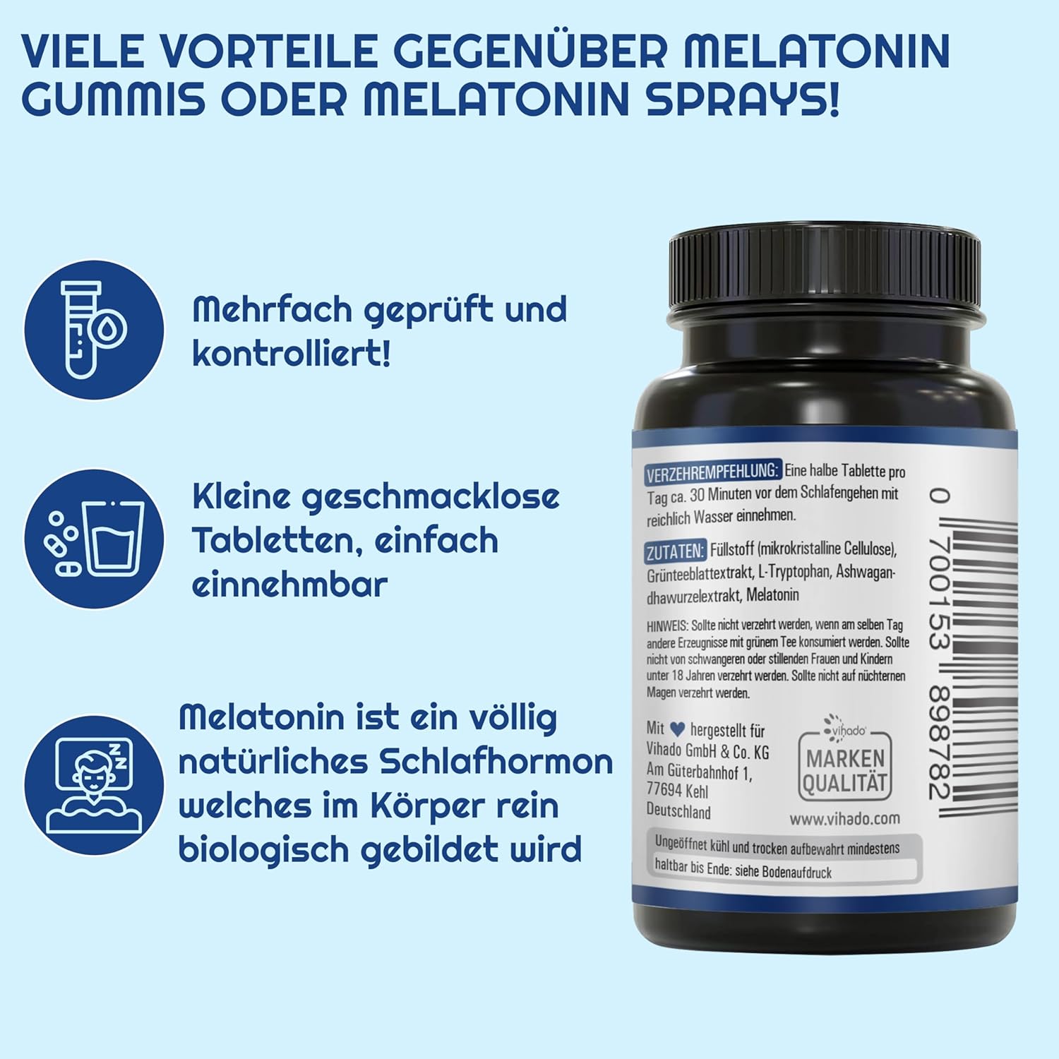 Schlaf-Magnesium mit Melatonin – Natürlich einschlafen & durchschlafen – Vihado Melatonin Tablets High Dose - 370 Nights Forte Complex Vegan - Pure without Additives - Plus L-Theanine, L-Tryptophan, Ashwagandha, 185 Tablets, Melatonin, 1 – Bild 6