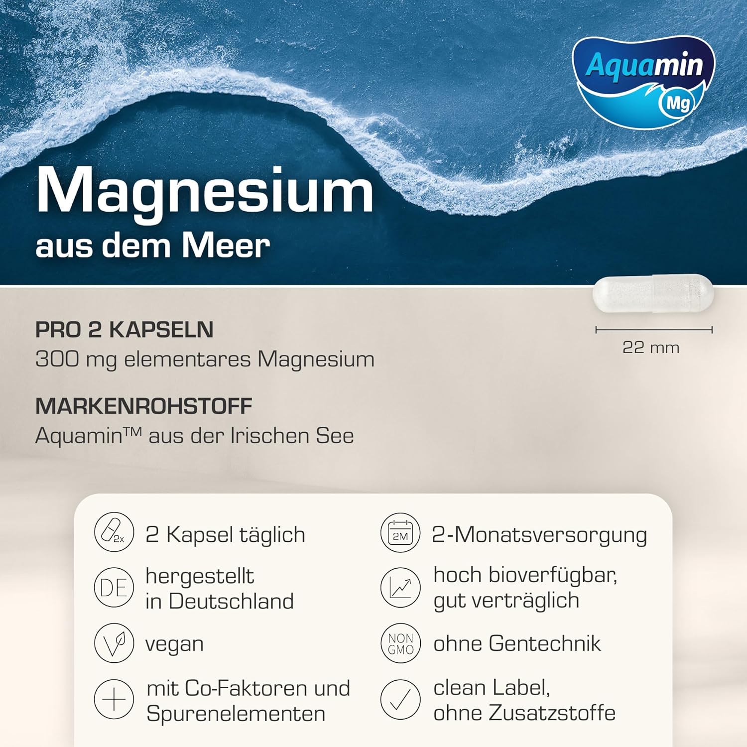Magnesium Komplex mit B6 & Zink – Magnesium Complex Vegan Magnesium Capsules in Glass High Dose Branded Raw Material Aquamin 300 mg Elementary Magnesium Made from Sea Water Vegan, Laboratory Tested and Made in Germany – Bild 2