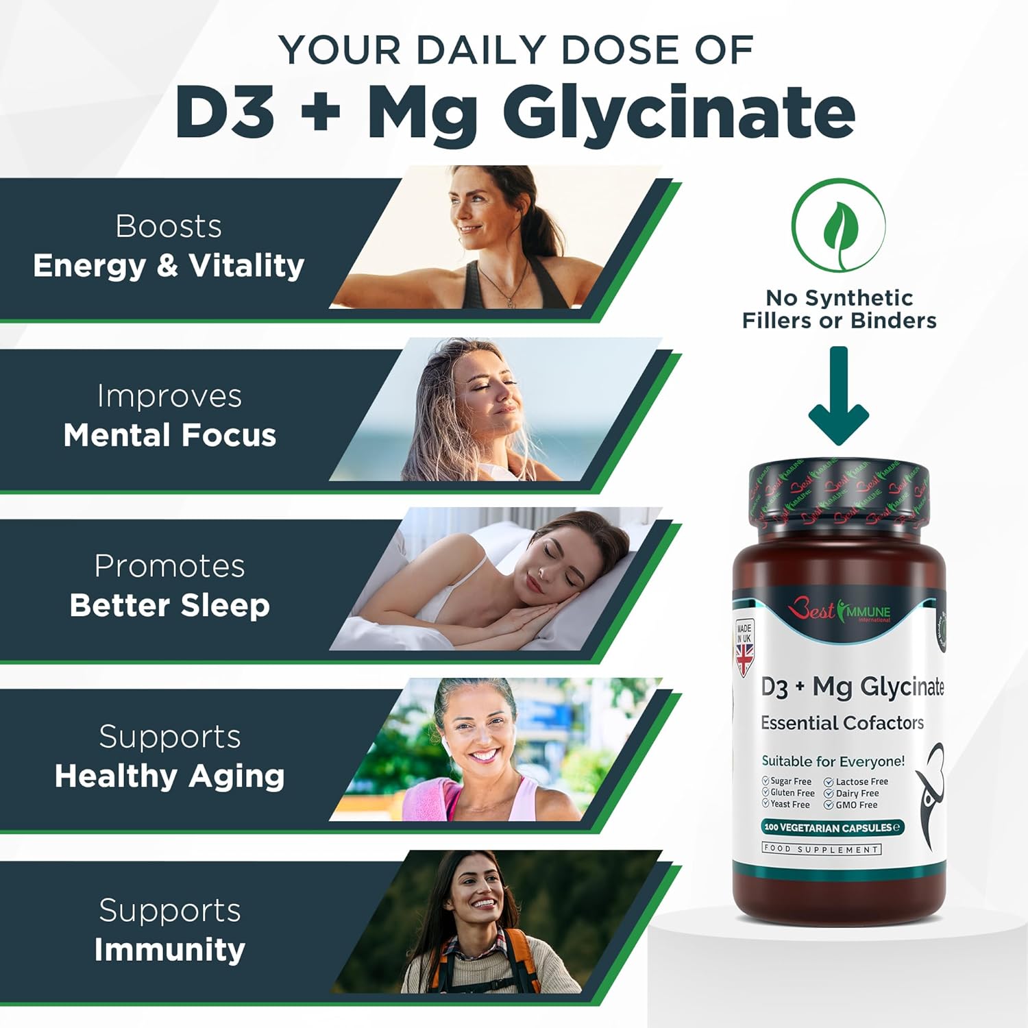 Magnesium 400 mg – Magnesium Glycinate 400 mg + Vitamin D3 1000 IU 100 Vegetarian Capsules – Bild 6