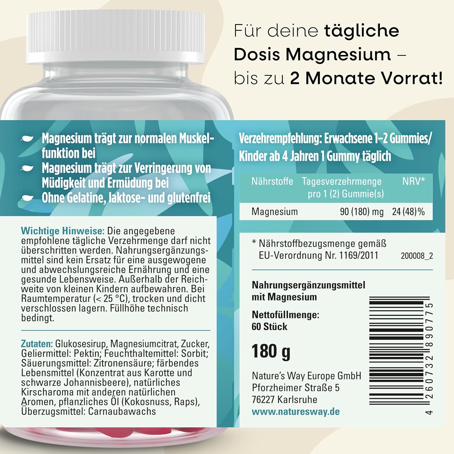 Magnesium Komplex mit B6 & Zink – Magnesium Gummies High Dose - 180 mg Magnesium for Children and Adults Made of Magnesium Citrate for Muscles and Nerves - Laboratory Tested Vegan Alternative to Capsules & Tablets - Pack of 60 High – Bild 6