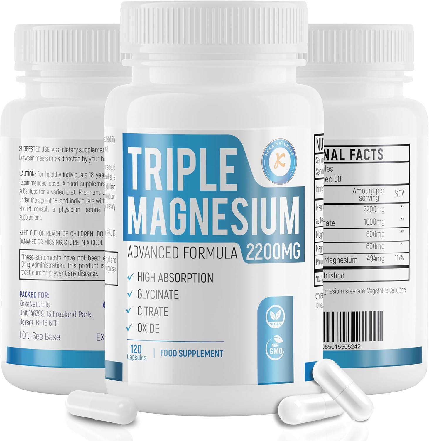 Magnesium 600 mg – Magnesium Complex with Glycinate, Citrate & Oxide, 494 mg, Elemental Magnesium, Sleep & Relaxation, Highly Bioavailable, Vegan, Gluten Free, 60 Capsules, No Additives