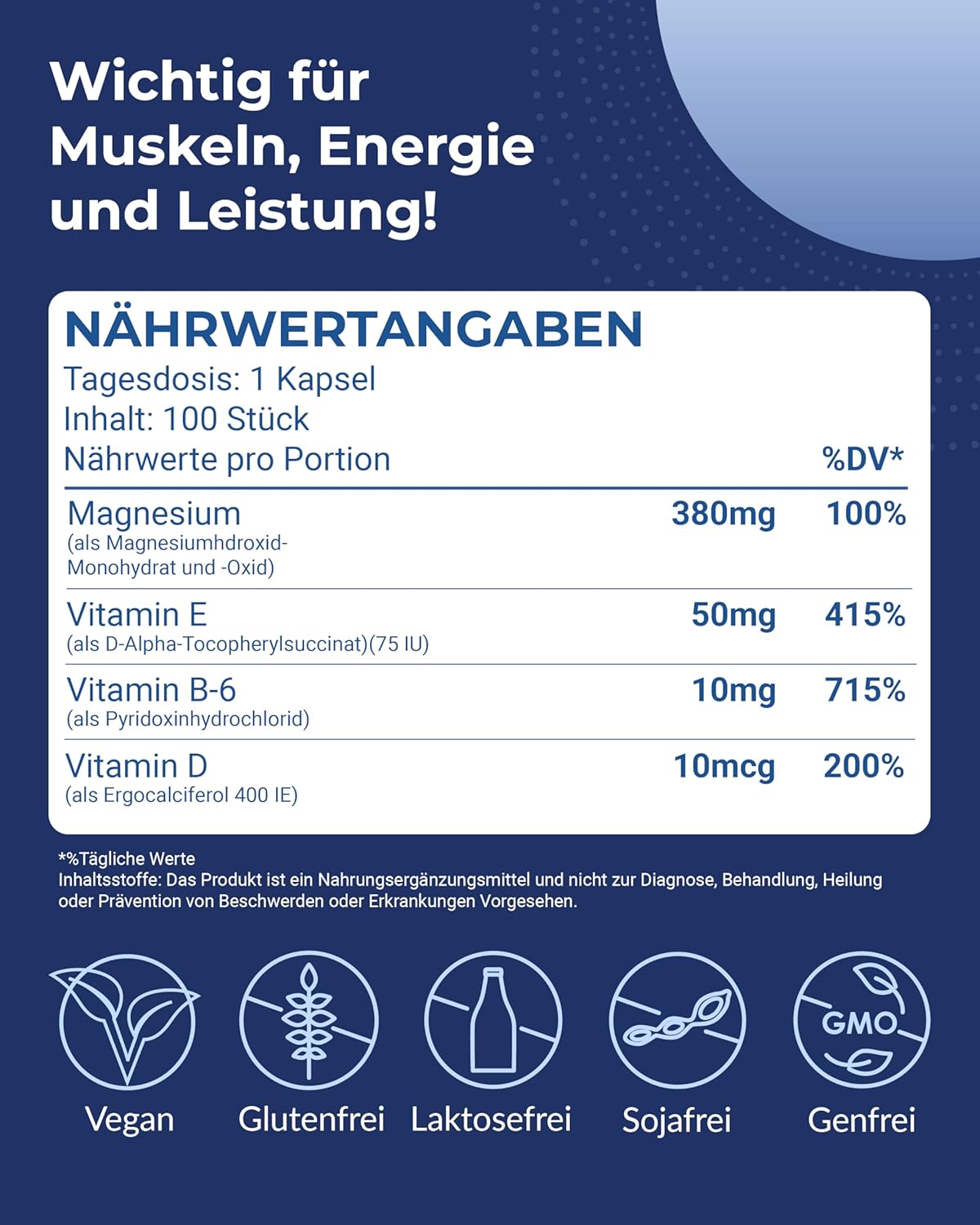 Magnesium 600 mg – MGSPORT High Absorption Magnesium Capsules Pack of 100 - 380 mg Elementary Magnesium, Vitamin Capsules with Vitamin B6, E and D, One Tablet Before Sleeping – Bild 6