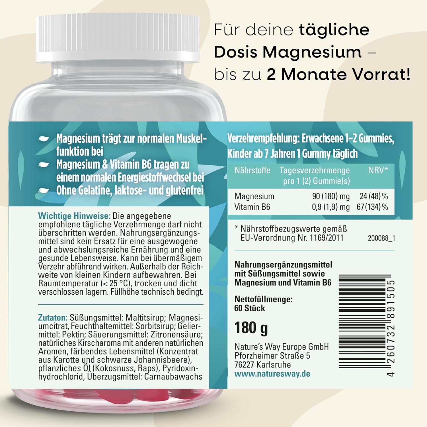 Magnesium 400 mg – Sugar-Free Magnesium Gummies High Dose for Adults and Children from 7 Years I 180 mg Magnesium Citrate and Vitamin B6 for Relaxed Muscles and Nerves I Vegan I Pack of 60 – Bild 5