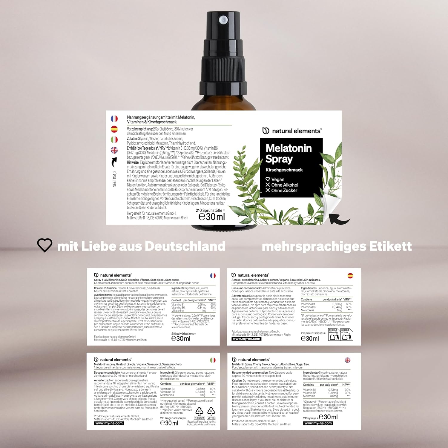 Schlaf-Magnesium mit Melatonin – Natürlich einschlafen & durchschlafen – natural elements Melatonin Spray Cherry - 0.5 mg Melatonin per Daily Dose - Sugar Free - with Vitamin B1 and B6 - 30 ml, Vegan, Produced in Germany – Bild 5