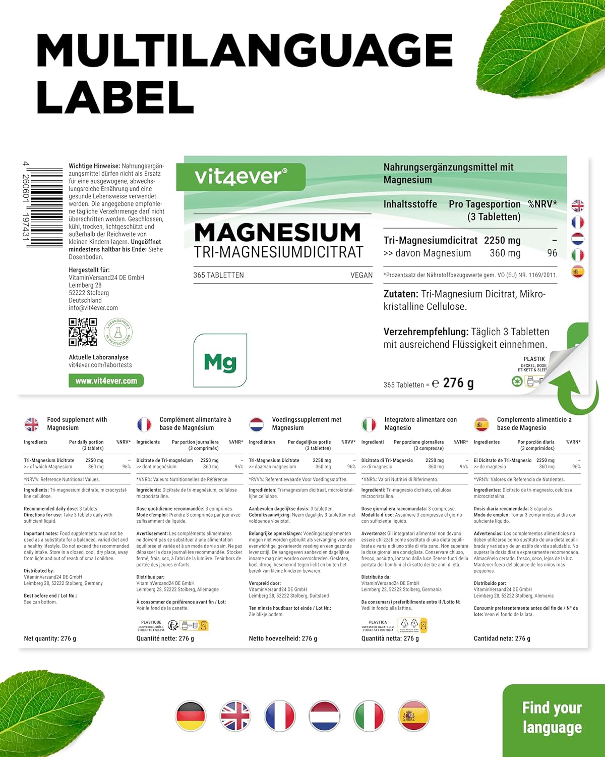 Magnesium 250 mg – Magnesium Citrate - 365 Tablets - 2250 mg of which 360 mg Elementary Magnesium per Daily Serving - 100% Tri-Magnesium Dicitrate without Additives - High Dose - Vegan – Bild 6