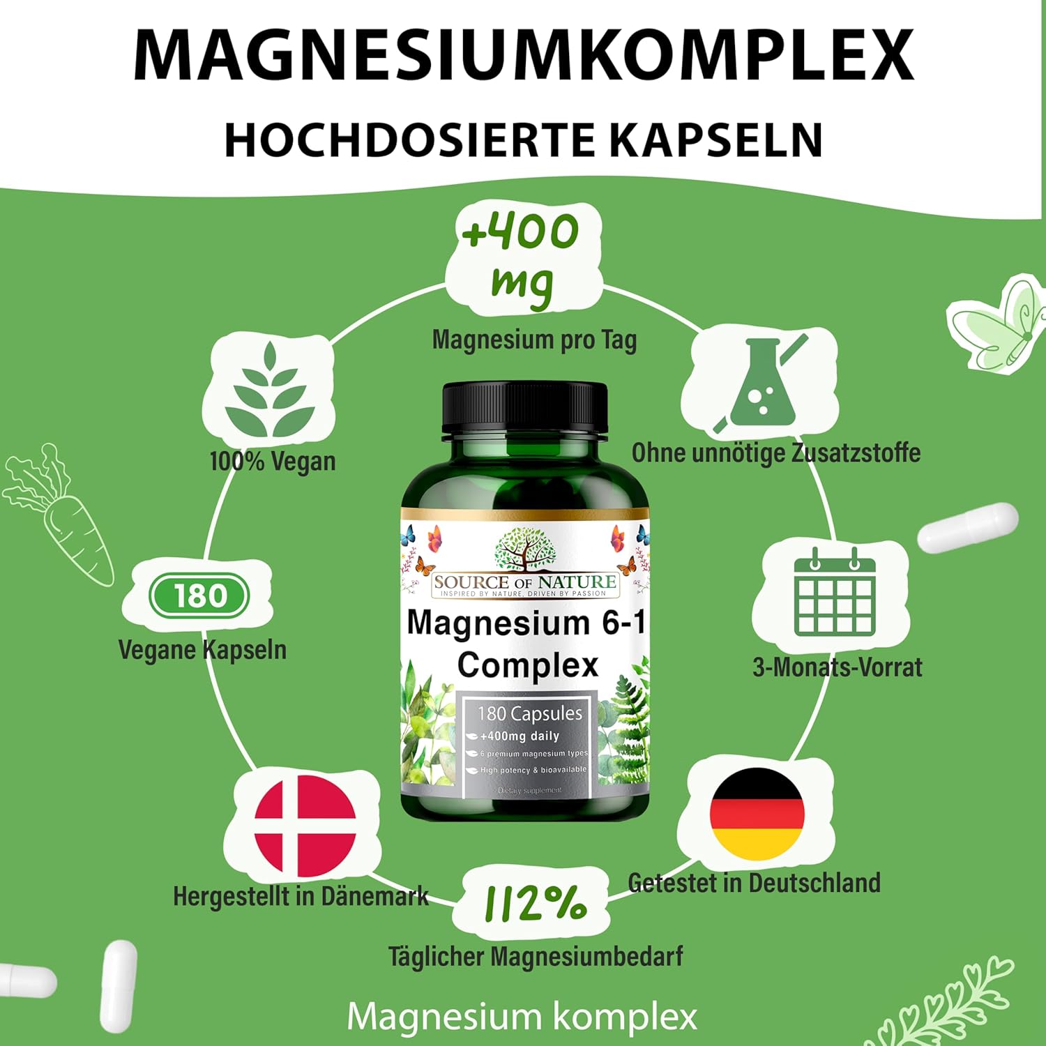 Magnesium 400 mg – Magnesium Complex 6-1 1500 mg Daily | 400 mg Elemental Magnesium | Oxide, Bisglycinate, Malate, Taurate, Citrate & Aspartate | 180 Vegan Capsules | High Dose & High Bioavailability – Bild 2