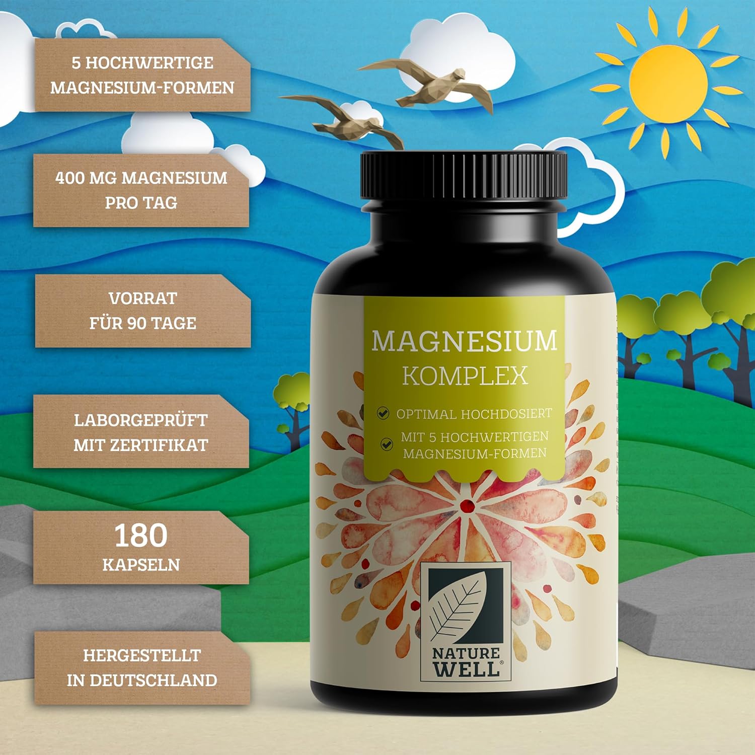 Magnesium 400 mg – Magnesium Complex 180 Capsules, 400 mg Magnesium per Day from 5 High-Quality Forms: Magnesium Oxide, Citrate, Bisglycinate, Malate & Ascorbate, Laboratory Tested with Certificate, Supply for 3 Months – Bild 2