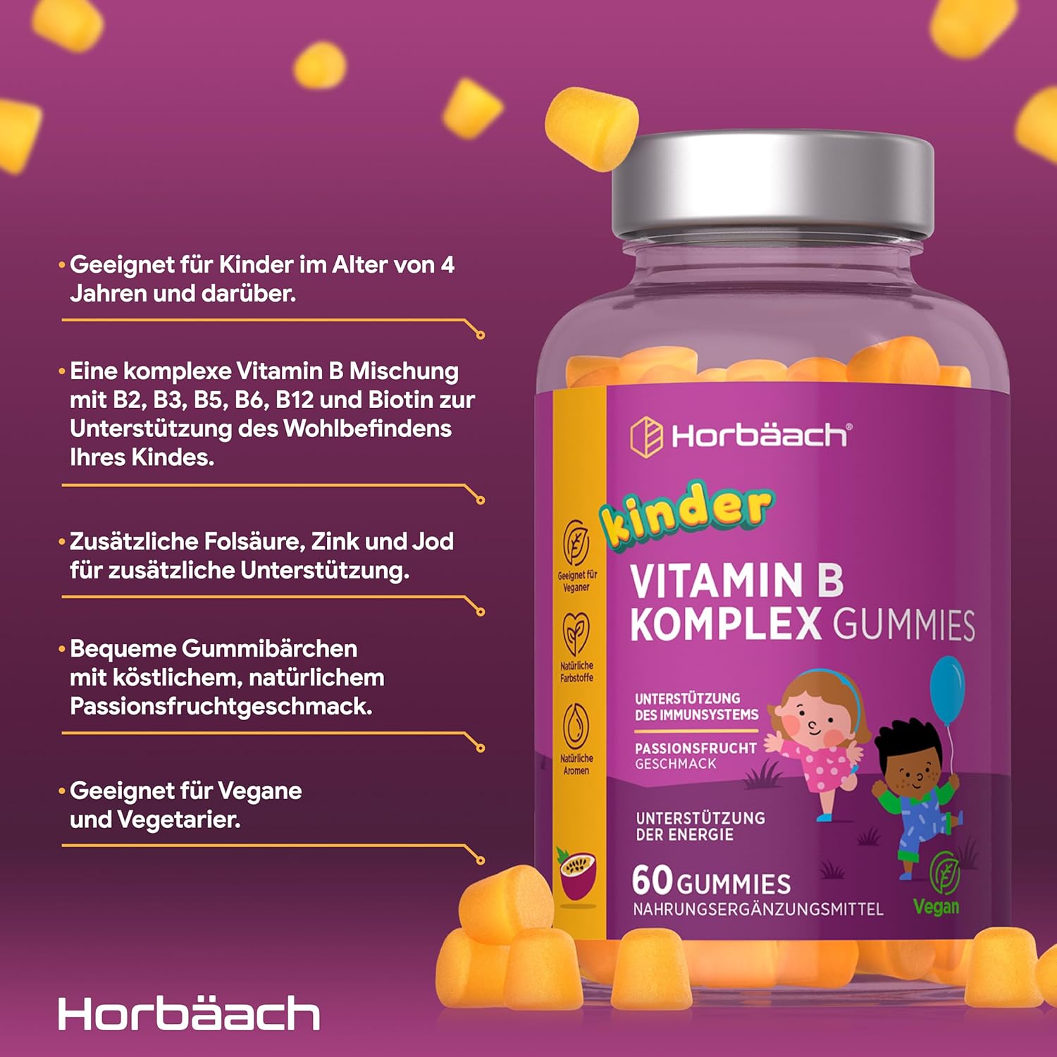Magnesium Komplex mit B6 & Zink – Multivitamin Gummy Bears for Children, Vitamin B Complex with B3, B5, B2, B6, B12, Zinc, Folic Acid, Iodine & Biotin, Passion Fruit Flavour, Horbaach – Bild 2