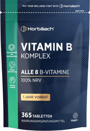 Magnesium Komplex mit B6 & Zink โ Horbaach Vitamin B Complex | All 8 B Vitamins: B1, B2, B3, B5, B6, B7, B9 and B12 | 1 Year Supply - 365 Vegan Tablets