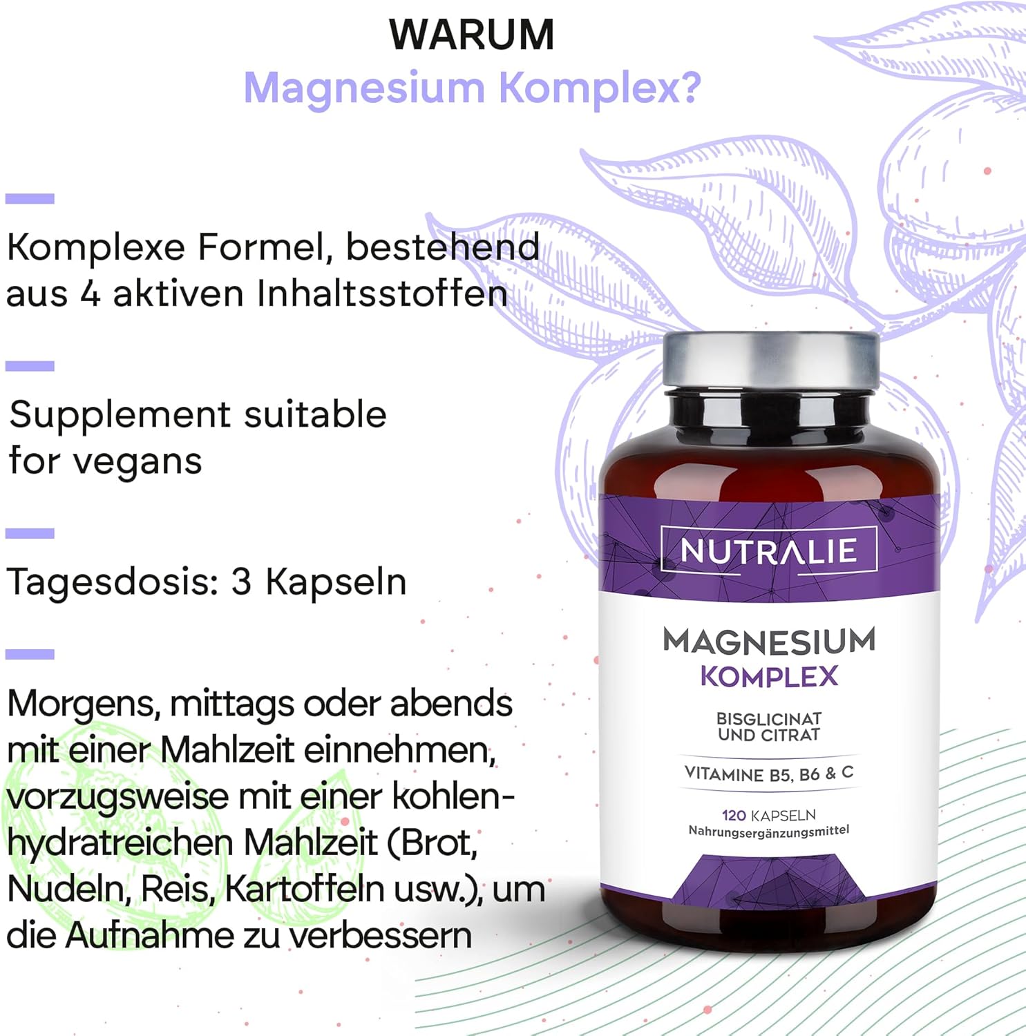 Magnesium Komplex mit B6 & Zink – Nutralie Magnesium and Vitamin B5, B6 and C – Magnesium Bisglycinate and Magnesium Citrate 100% Bioavailability – 120 Capsules, 108 g – Bild 3