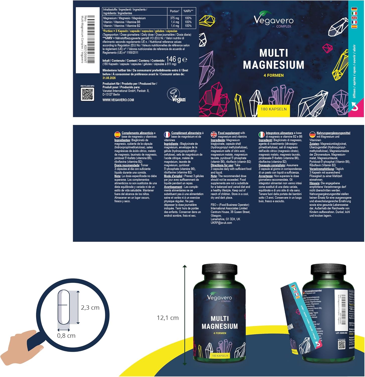 Magnesium 250 mg – Magnesium Complex Vegavero | With 4 Bioactive Forms: Bisglycinate, Taurate, Malate & Citrate | 375 mg & Elementary | Vegan & No Additives | 180 Capsules – Bild 3