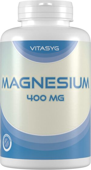 Magnesium 400 mg – Magnesium 400 – 300 Capsules (10) with 400mg Pure Magnesium per capsule – No Magnesium Stearate Storage Jar Made in Germany
