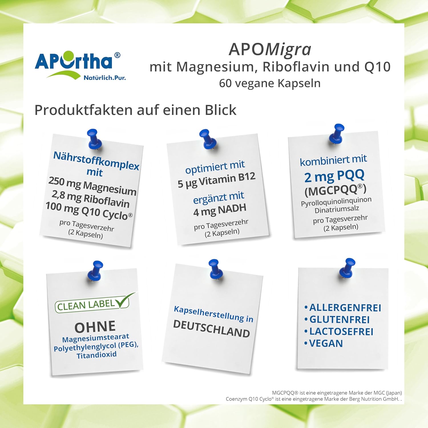 Magnesium 250 mg – APOrtha® APOMigra, 60 Vegan Capsules, Nutrient Complex with 250 mg Magnesium, 2.8 mg Riboflavin and 100 mg Q10 per Day Consumption, Optimised with Vitamin B12, Vegan, Gluten-Free, Lactose-Free, – Bild 2