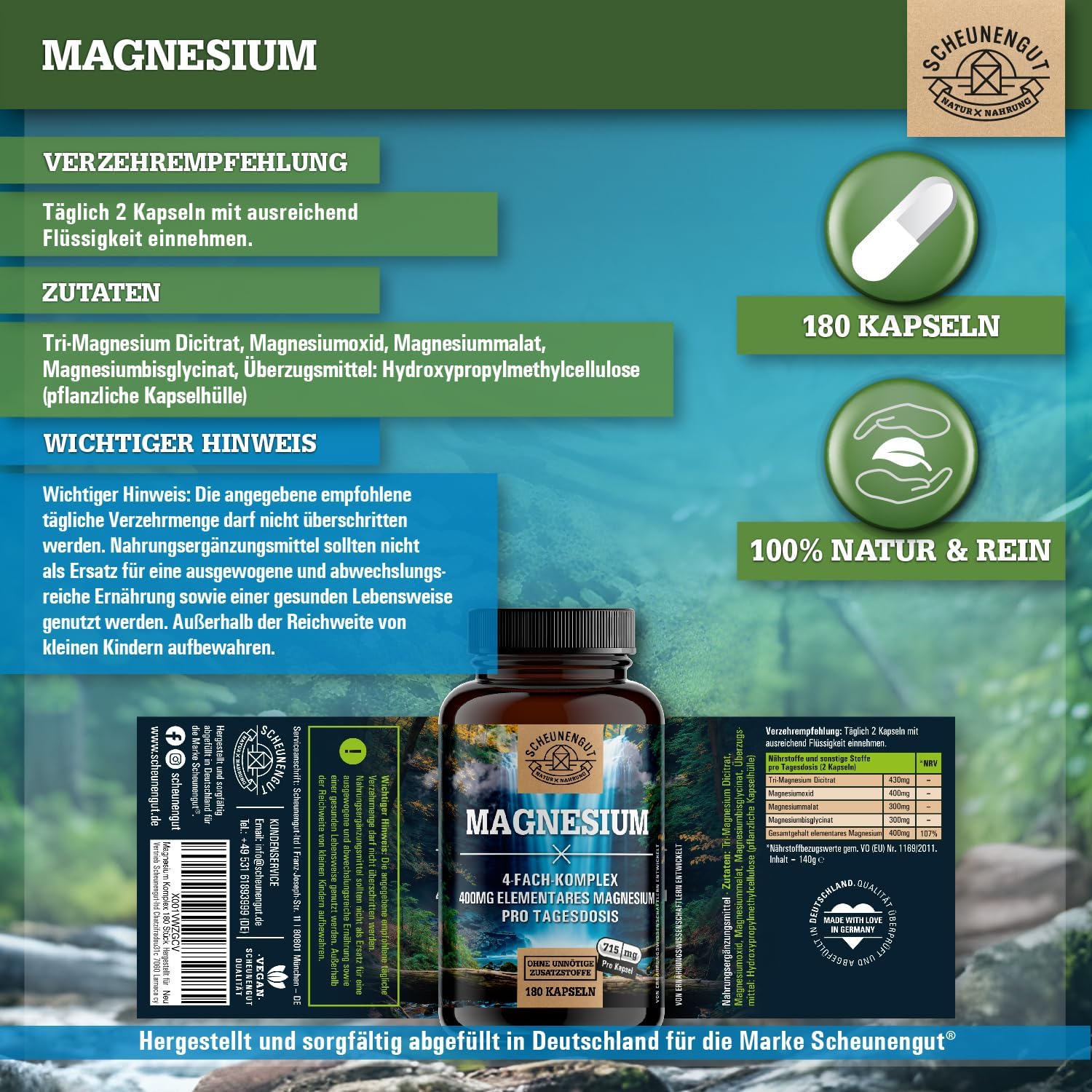 Magnesium 600 mg – Magnesium Complex 1430 mg – Important: Magnesium Bisglycinate as a 4-Way Brand Complex with 1430 mg per Daily Dose (+ 400 mg Element Available) Vegan and Laboratory Tested DE SCHEUNENGUT® – Bild 8