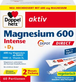 Magnesium 600 mg – Doppelherz Magnesium 600 Intense + D3 Depot Direct - High Dose with 600 mg Magnesium Plus 25 μg Vitamin D per Serving Bag - 60 Portions with Lemon Flavour