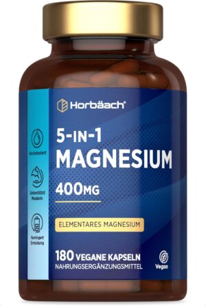 Magnesium Komplex mit B6 & Zink โ Horbaach Magnesium Complex High Dose | Made of 5 High-Quality Forms | 400 mg Elemental Per Daily Dose | with Citrate, Bisglycinate, Malate and Oxide | 180 Vegan Pieces