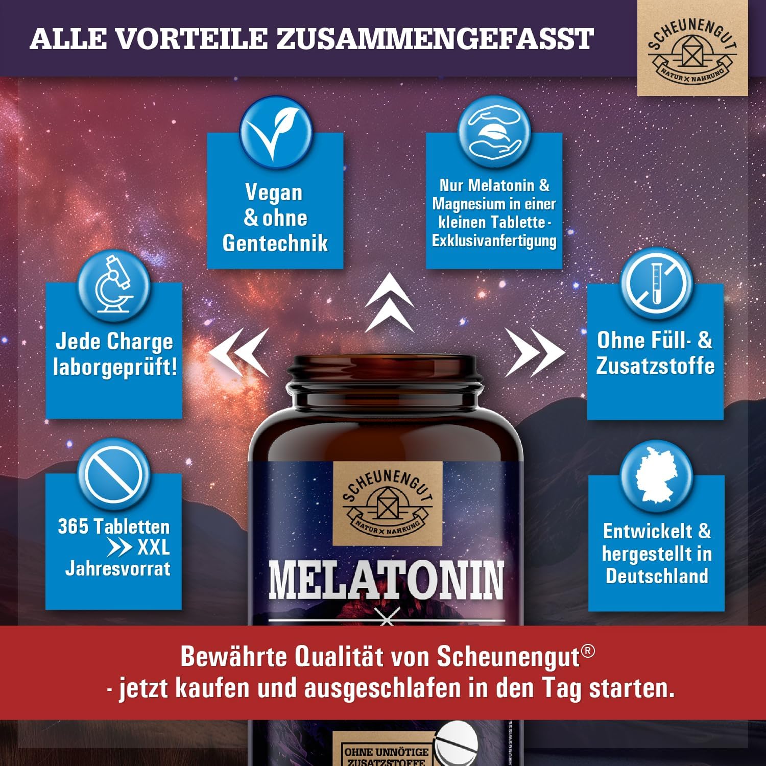 Schlaf-Magnesium mit Melatonin – Natürlich einschlafen & durchschlafen – Melatonin Tablets, 365 Pieces, 0.5 mg per 1/2 Tablet, Important: 0.5 mg Bioactive Melatonin, High Dose, 1/2 Tablet each, Optimal Sleep Complex, Laboratory Tested and Vegan DE SCHEUNENGUT® – Bild 6