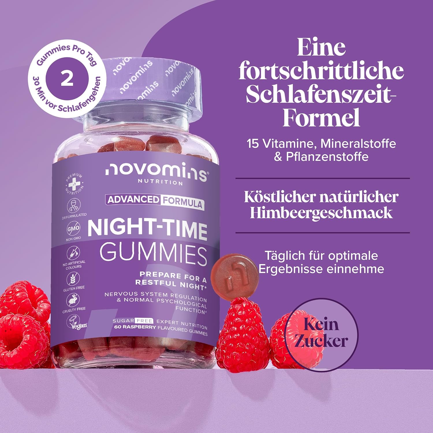 Schlaf-Magnesium mit Melatonin – Natürlich einschlafen & durchschlafen – Sleeping Rubbers - Melatonin and Sleeping Pills Alternative - 60 Gummies - with Magnesium, L Theanine, Glycine, Vitamin B12, B6 - Vegan - Gluten Free - Effective Help to Fall Asleep - Novomins – Bild 2