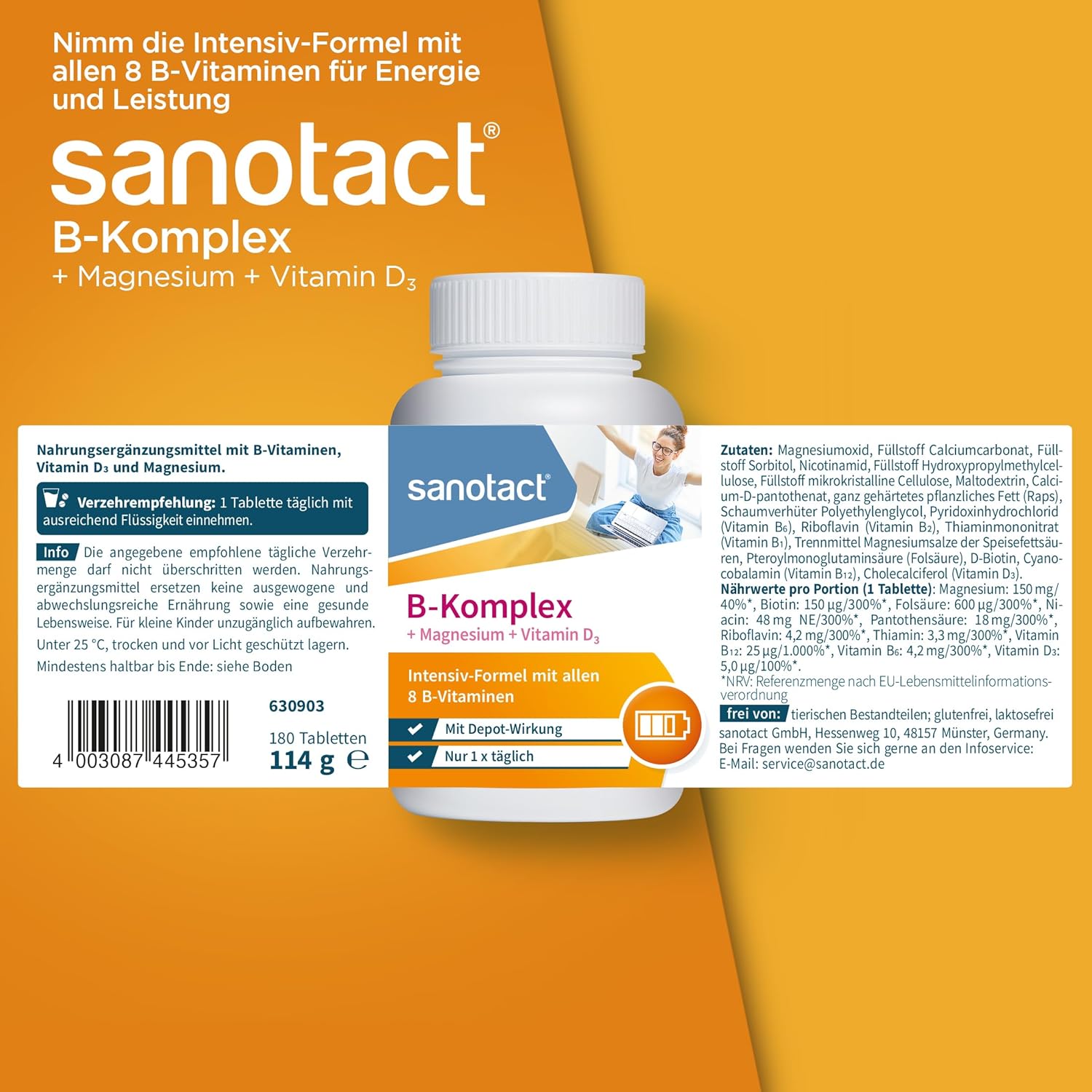 Magnesium Komplex mit B6 & Zink – sanotact B-Complex + Magnesium + Vitamin D3 180 Tablets | High Dose B Vitamins with Depot Effect | 100% Vegan – Bild 7