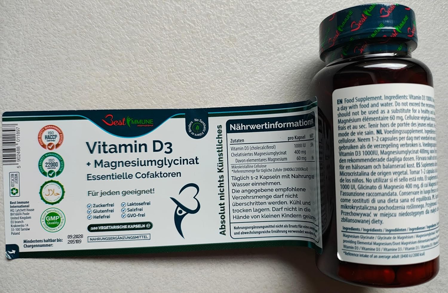 Magnesium 400 mg – Magnesium Glycinate 400 mg + Vitamin D3 1000 IU 100 Vegetarian Capsules – Bild 8