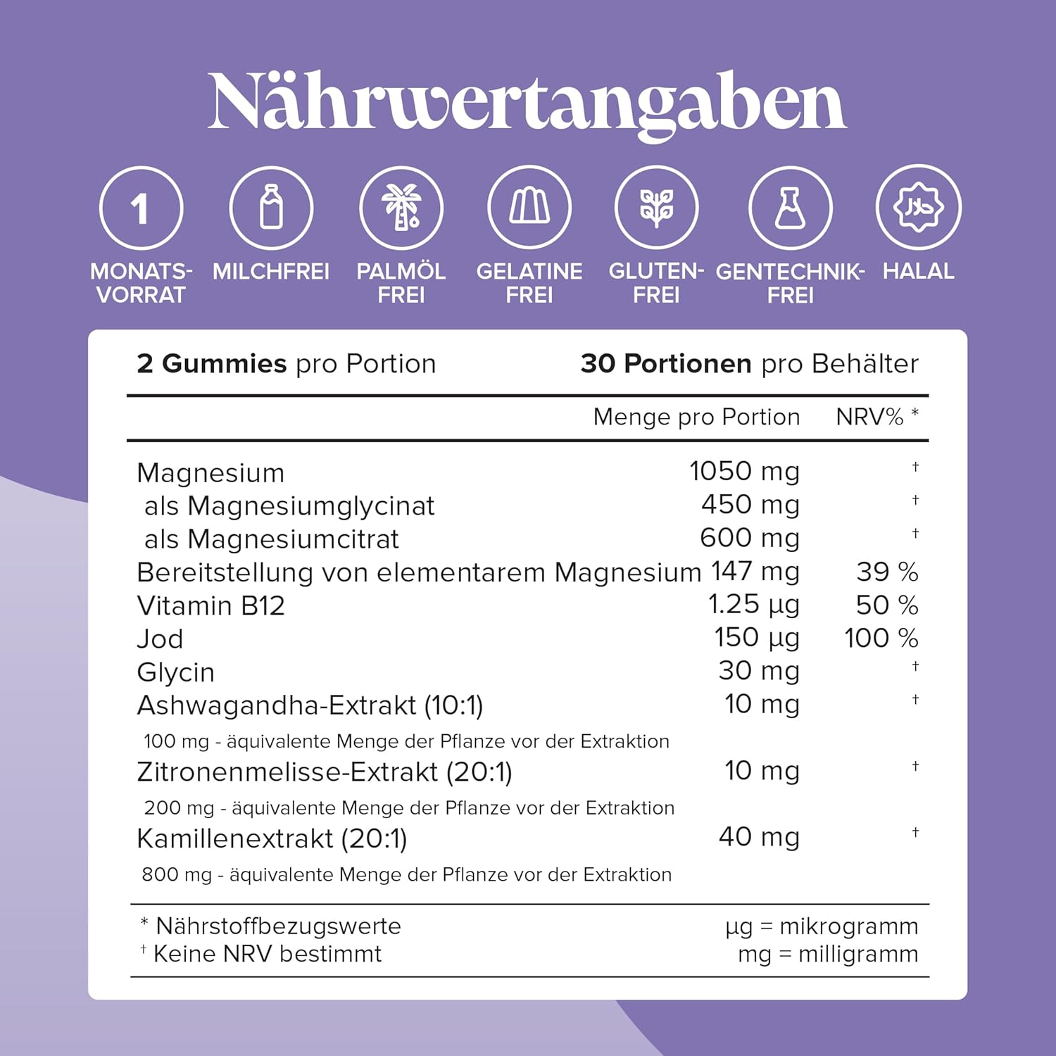 Magnesium Komplex mit B6 & Zink – Calm Gummis mit Magnesiumglycinat – Mit Ashwagandha, Glycin, Zitronenmelisse, Kamille, Vitamin B12 & Jod – Zur Beruhigung & mentalen Balance – 60 Stück – Novomins – Bild 4